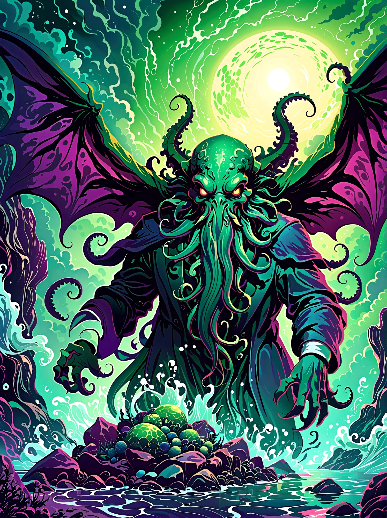 Create an image illustrating a fearsome interpretation of the ancient deity Cthulhu, as envisioned in Lovecraftian horror literature. Focus should be on establishing deep shadows and eerie lighting effects, with ominous facial features. Utilize a blend of dark and vibrant colors to evoke a sense of cosmic horror, simulating the effect of a digital painting made using professional equipment like a wacom cintiq pro, 1pzsj1