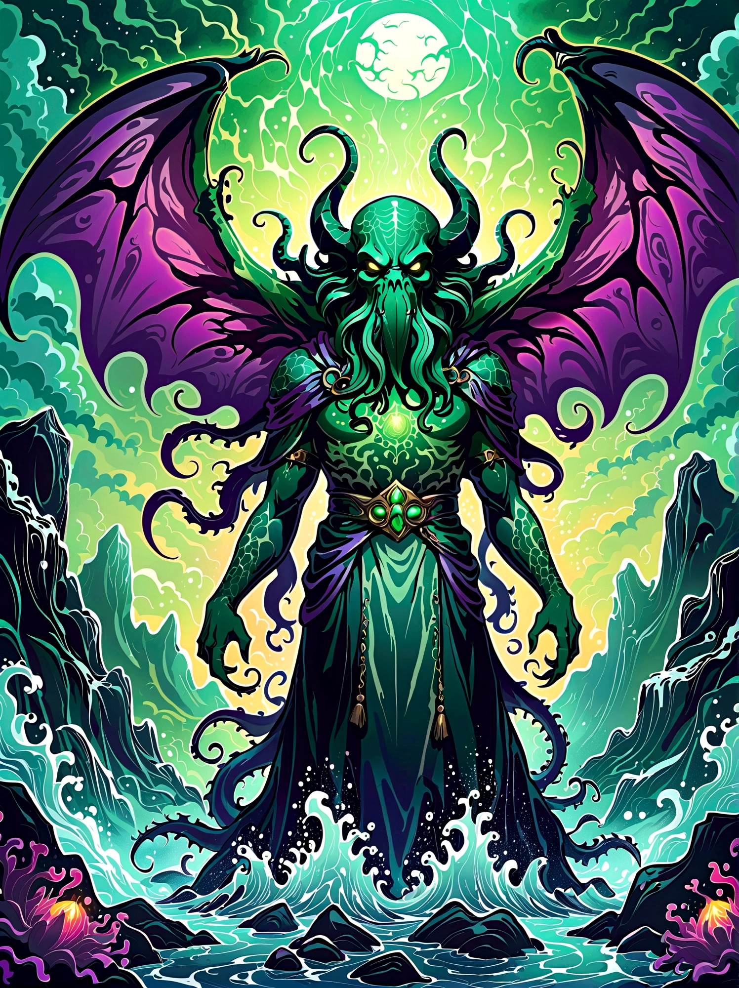 Create an image illustrating a fearsome interpretation of the ancient deity Cthulhu, as envisioned in Lovecraftian horror literature. Focus should be on establishing deep shadows and eerie lighting effects, with ominous facial features. Utilize a blend of dark and vibrant colors to evoke a sense of cosmic horror, simulating the effect of a digital painting made using professional equipment like a wacom cintiq pro, 1pzsj1