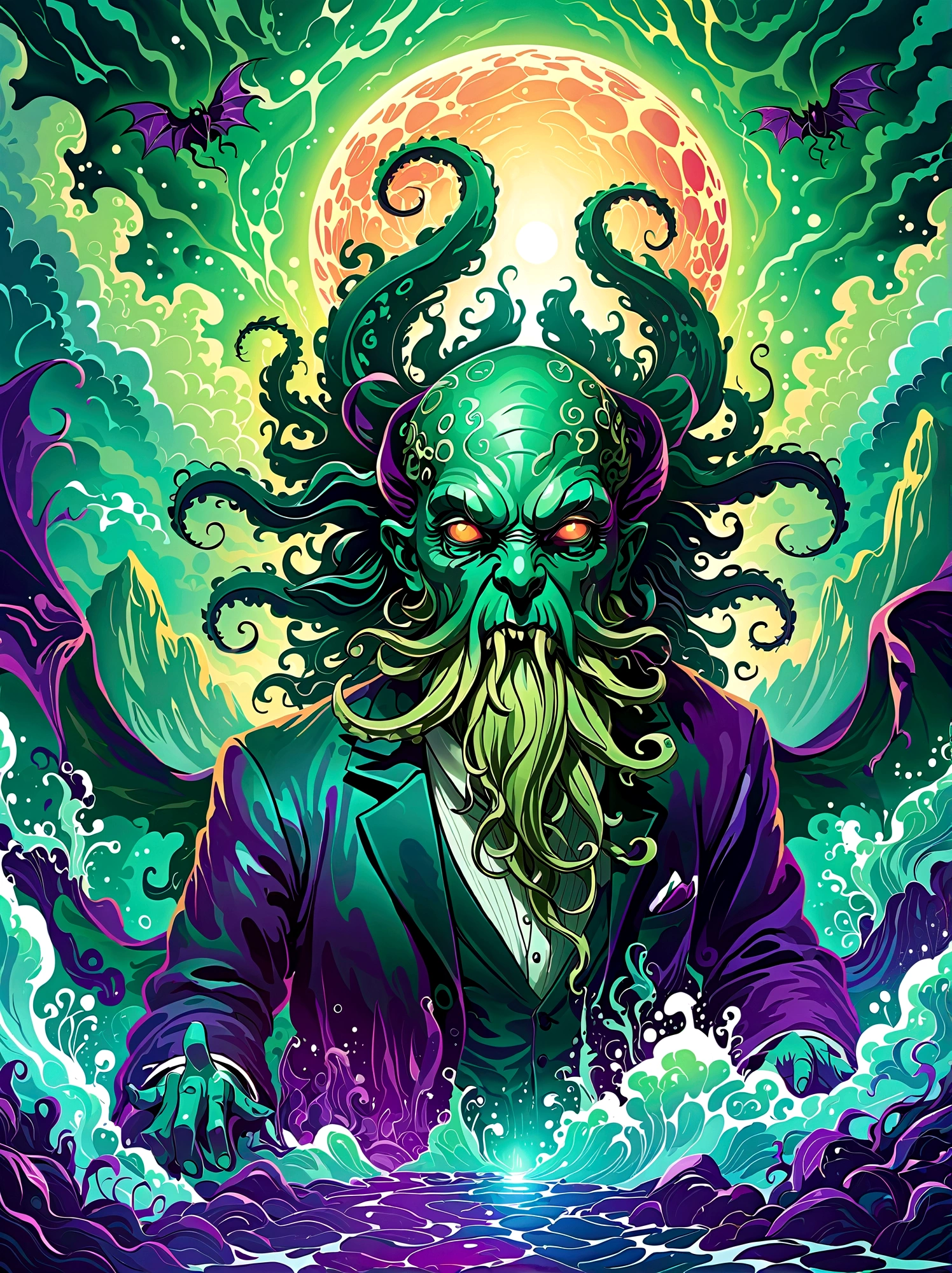 Create an image illustrating a fearsome interpretation of the ancient deity Cthulhu, as envisioned in Lovecraftian horror literature. Focus should be on establishing deep shadows and eerie lighting effects, with ominous facial features. Utilize a blend of dark and vibrant colors to evoke a sense of cosmic horror, simulating the effect of a digital painting made using professional equipment like a wacom cintiq pro, 1pzsj1