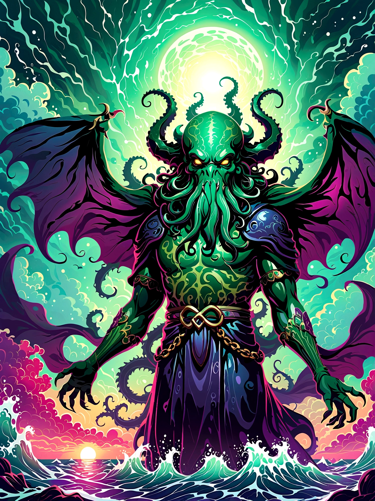 Create an image illustrating a fearsome interpretation of the ancient deity Cthulhu, as envisioned in Lovecraftian horror literature. Focus should be on establishing deep shadows and eerie lighting effects, with ominous facial features. Utilize a blend of dark and vibrant colors to evoke a sense of cosmic horror, simulating the effect of a digital painting made using professional equipment like a wacom cintiq pro, 1pzsj1
