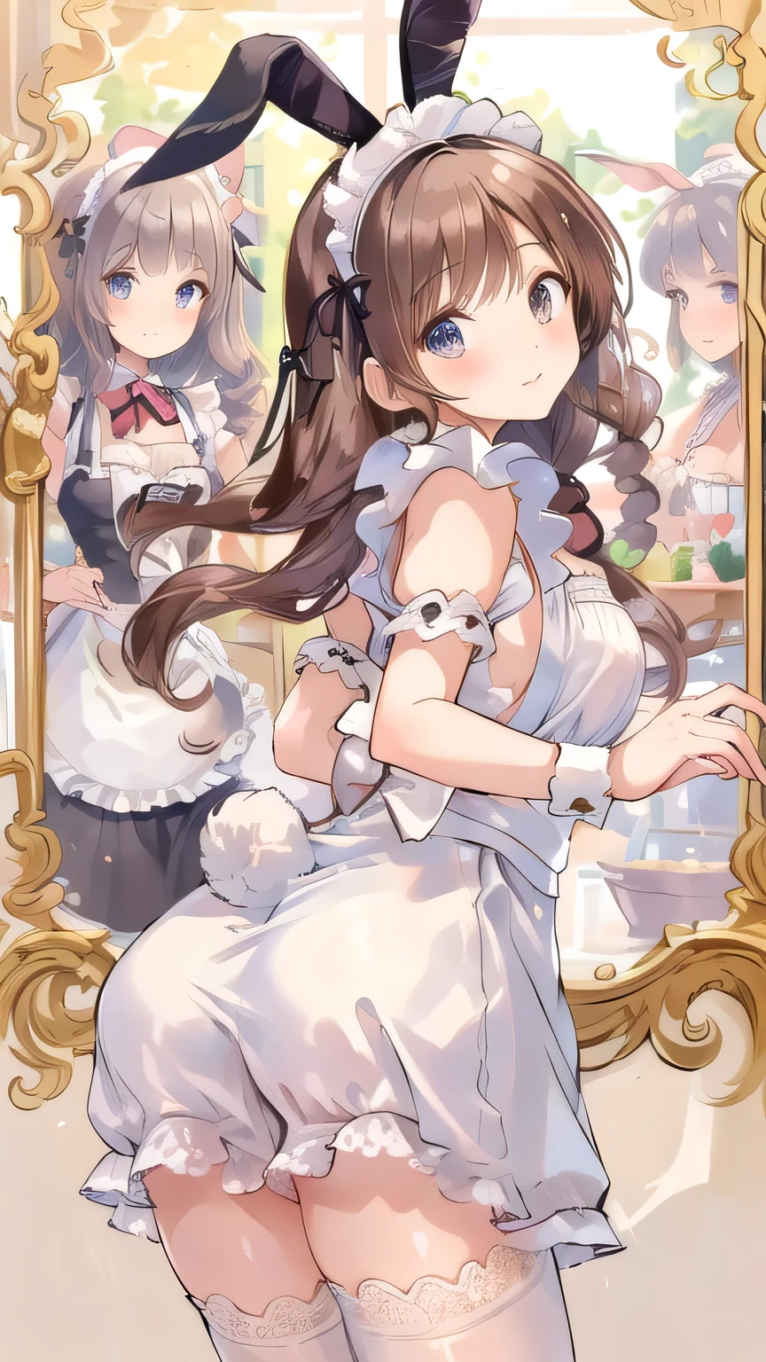 ((best quality)), ((masterpiece)), (detailed), perfect detailed eyes, perfect detailed face, ultra-detailed nose, brown hair, twin drills, hairband, rabbit ears, rabbit tail, blurry, reflection light, three sided view, maid outfit, maid girl, frilly apron, Palace, mansion