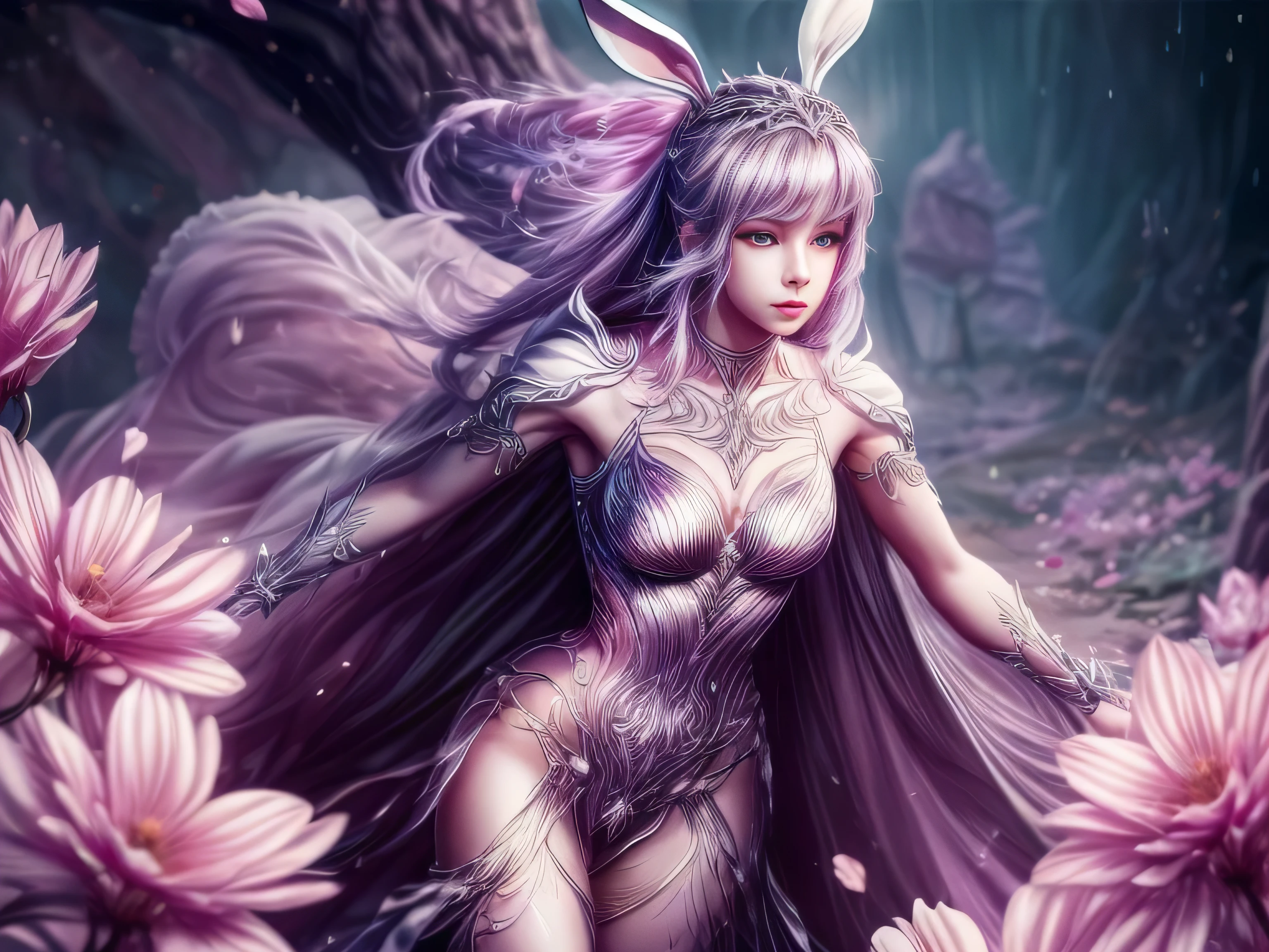 (Best Quality, 8K, Masterpiece, HDR, Soft Lighting, Picture Perfect, Realistic, Vivid), Bunny Girl (1.0), Bunny Girl with Pink Hair and Sexy Skimpy Clothes, pink bodysuit with glitter texture, Beautiful anime fantasy, Very beautiful and cute bunny girl, rain of pink flower petals, background blur, anime fantasy, work in Gouves style, realistic: 1.37, top view, lying in pink flowers, horizontal view, (Ultra High Quality Fantasy Art), Masterpiece, Female Model, Ultra High Quality Female Character Designs, Detailed 8k Anime Art, Realistic Anime Art, Highest Quality Wallpapers, Intricate Ultra High Quality Accurate Female Characters Faces, High Quality Designs and Accurate Physics (Fantasy- ultra-high quality art), dark fantasy style), masterpieces, super high quality characters, anime resolution - 8K, realistic anime art, wallpapers with the highest quality illustrations, ultra-high facial detail, high-quality design and accurate physics), color, depth of field, shadows, ray tracing, high quality workmanship. -high-quality wallpapers and 8K resolution, (Accurate simulation of the interaction of light and materials)], [High-quality hair detail [More about beautiful and shiny white hair]], (Beautifully detailed hands [perfect fingers [Perfect nails]]]]]], (perfect anatomy (perfect proportions)))) [[Full-length]], [Perfect combination of colors (Accurate imitation of the interaction of light and material)], [art that conveys the meaning of history]