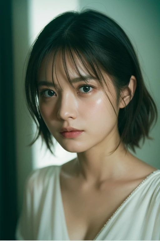 highest quality、８K、masterpiece、(Face image:1.2), (Super detailed image quaLightingy), (8k, Complex), Particles of light, Lighting, Close-up of face, Very angry、so sad、tears、(Gasp)、(Embarrassing)、(Scared)、(Very detailed:1.2), Focus on the chest, (Detailed face:1,5), alone、Black Hair、Floating Hair、Small breasts, White blouse、like々A funny expression、darkroom、Front light、Backlight