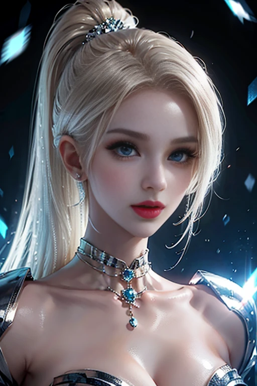 portrait、School、bright look、ponytail、young shiny glossy white shiny skin、the best beauty、blonde reflection、Silvery white hair with dazzling highlights、shiny bright hair,、super long straight hair、Shining beautiful bangs、Sparkling crystal clear charming big blue eyes、very beautiful lovely cute 16 year old girl、rich bust、With slit、((I could see the whole body))、beautiful face、white dress