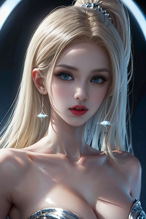 portrait、School、bright look、ponytail、young shiny glossy white shiny skin、the best beauty、blonde reflection、Silvery white hair with dazzling highlights、shiny bright hair,、super long straight hair、Shining beautiful bangs、Sparkling crystal clear charming big blue eyes、very beautiful lovely cute girl、rich bust、With slit、((I could see the whole body))、beautiful face、white dress