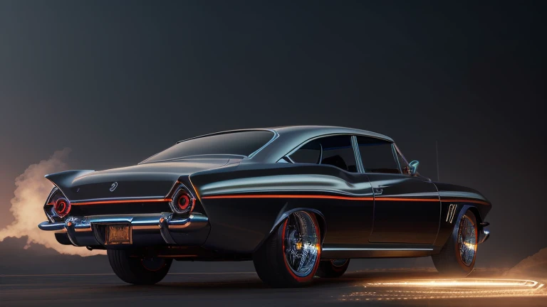 1960s luxury sedan, rear view, futuristic fantasy, epic sci-fi scene, intricate detailed design, glossy metallic body, glistening chrome accents, dramatic lighting, moody atmosphere, cinematic composition, photorealistic rendering, masterpiece, (best quality,8k,highres,masterpiece:1.2),ultra-detailed,(realistic,photorealistic,photo-realistic:1.37),cinematic lighting,dramatic shadows,volumetric fog,glowing energy field,gleaming chrome,aerodynamic body,intricate details,sleek and stylish