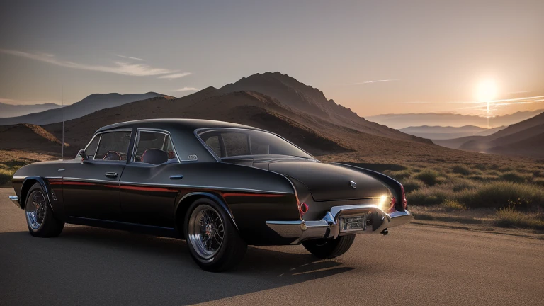 1960s luxury sedan, rear view, futuristic fantasy, epic sci-fi scene, intricate detailed design, glossy metallic body, glistening chrome accents, dramatic lighting, moody atmosphere, cinematic composition, photorealistic rendering, masterpiece, (best quality,8k,highres,masterpiece:1.2),ultra-detailed,(realistic,photorealistic,photo-realistic:1.37),cinematic lighting,dramatic shadows,volumetric fog,glowing energy field,gleaming chrome,aerodynamic body,intricate details,sleek and stylish