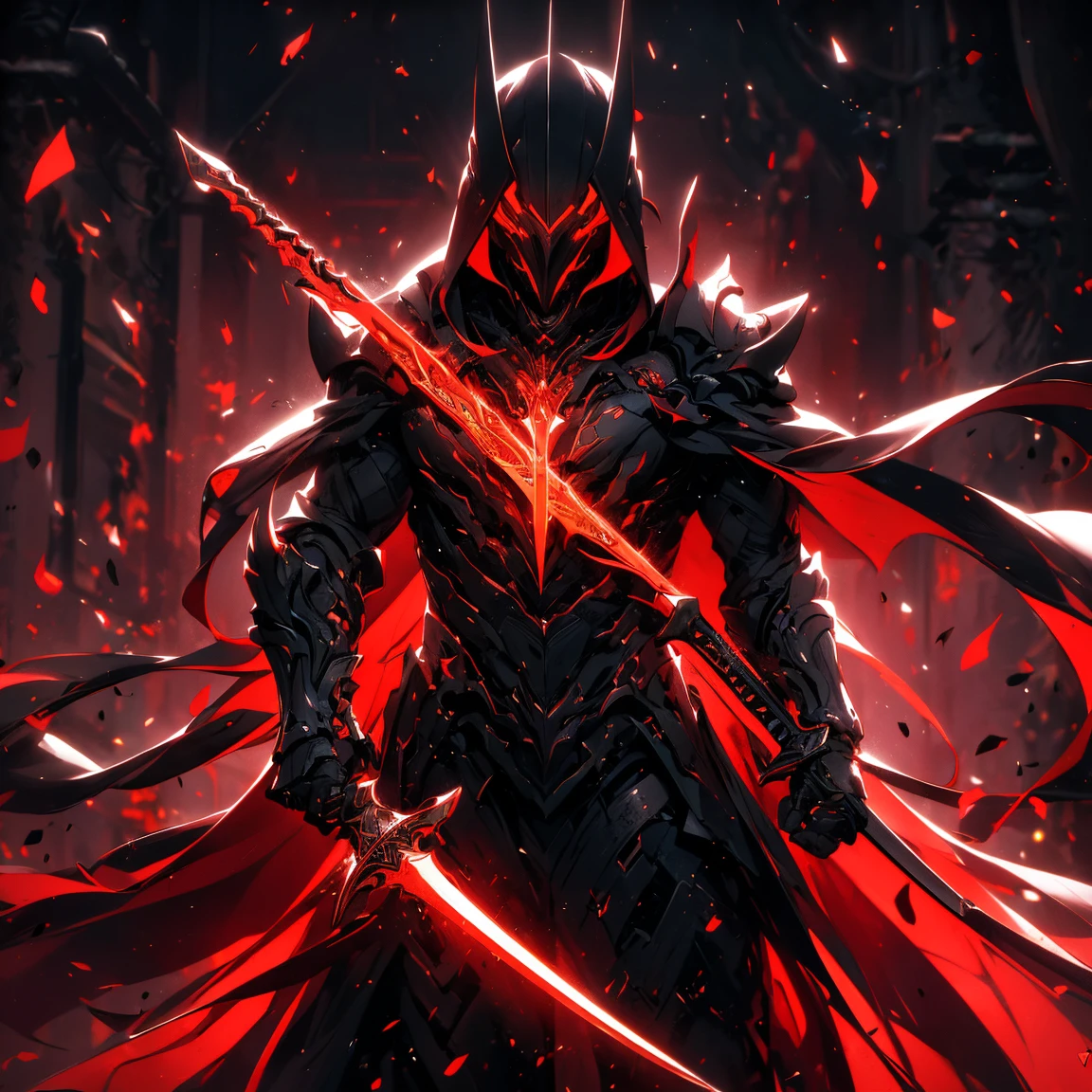 (ultra-detailed CG unit 8k wallpaper, Master parts, Best quality, depth of fields, hdr, complex), Tall, The sinister Dark Assassin wears a metal mask,Bright red eyes,Light and dark armor,Behind him,He wears a low-key red cloak。,Holding a sharp dagger in his arms,Step into the burning village, (complex: 1.4) (Master parts: 1.4) (illustration: 1.4), Red studio lighting, Post-processing, 8K resolution, deep dark background, imponent, Well-composed photos, Impressive, dark fantacy (director: greg rutkovsky: 1.2), (darken: 1.5)(10 people:1.8)