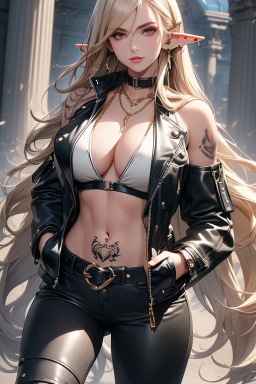 ((masterpiece)), ((best quality)), (ultra-detailed), ((extremely detailed)), 4K, (8K), best quality, (beautiful),realistic, real,(1girl,mature elf woman,long straight golden hair,leather jacket,ripped white tank top,large breasts,necklace,multiple piercings on ears,curvy figure,slender waist,slim body,leather pants,leather boots,leather jacket,wallet chain,flashy belt,(tattoo:1.1),(hands in pockets:1.1),midnight city