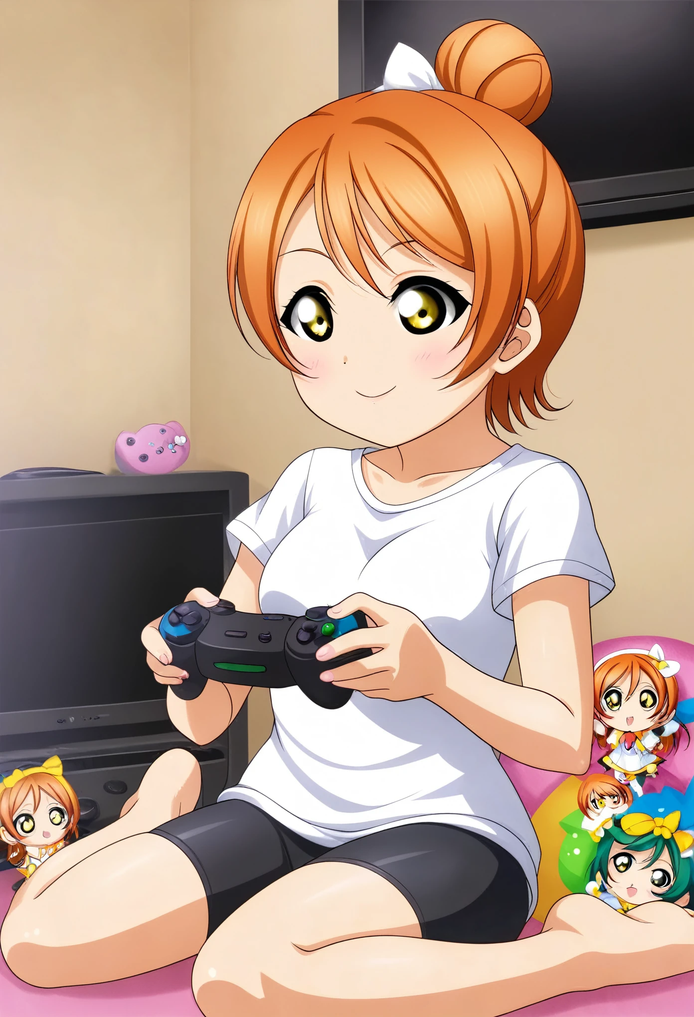 Masterpiece, best quality,Hoshizora rin,solo ,yellow eyes, short hair,orange hair, White Top,Bike shorts, sitting, hair_bun, chibi,  controller, television, game_controller, playing_games, game_console, video_game ,love live style