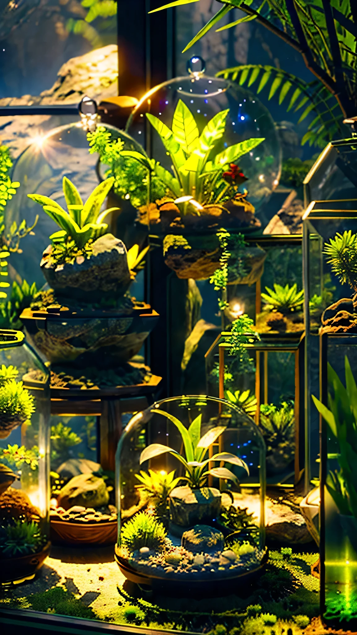 「１Encased in two glass domes、A beautiful and delicate terrarium。Mr.々Various kinds of green plants are harmoniously arranged、Small stones and tree branches are scattered around。Warm natural light pours in、It creates a fantastic atmosphere, as if a small world is spreading inside the terrarium.。Realistic and detailed texture and color、Generate a CG rendered terrarium wallpaper。」