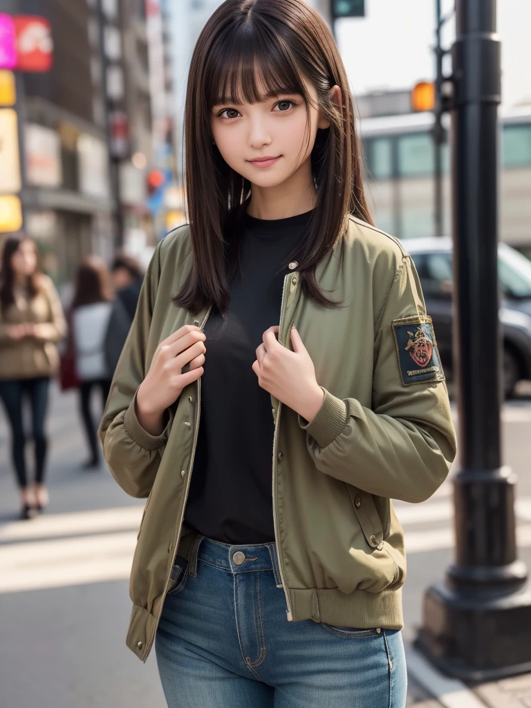 (8k, RAW Photos, highest quality, masterpiece:1.2), (Realistic, photo-Realistic:1.4), (Highly detailed 8k wallpaper), ((Full Body Shot)), (1 girl), Sharp focus, Depth of written boundary, Cinematic lighting, Soft Light, 緻密な美しさのeye, eye_Chan, Very beautiful 17 year old girl, innocent big eyes, Realistic, photo Realistic, Highly detailed cute girl, (Thin thighs), (Model Body Type), 18-year-old, ((Khaki flight jacket)), (Black T-shirt), (Vintage long denim pants), (((Fold your arms in front of your chest and act arrogantly))), ((A happy smile)), Parted lips, Watching the audience, (On the streets of Tokyo) , (Brown Hair),（Long Bob Hair), (Asymmetrical bangs)
