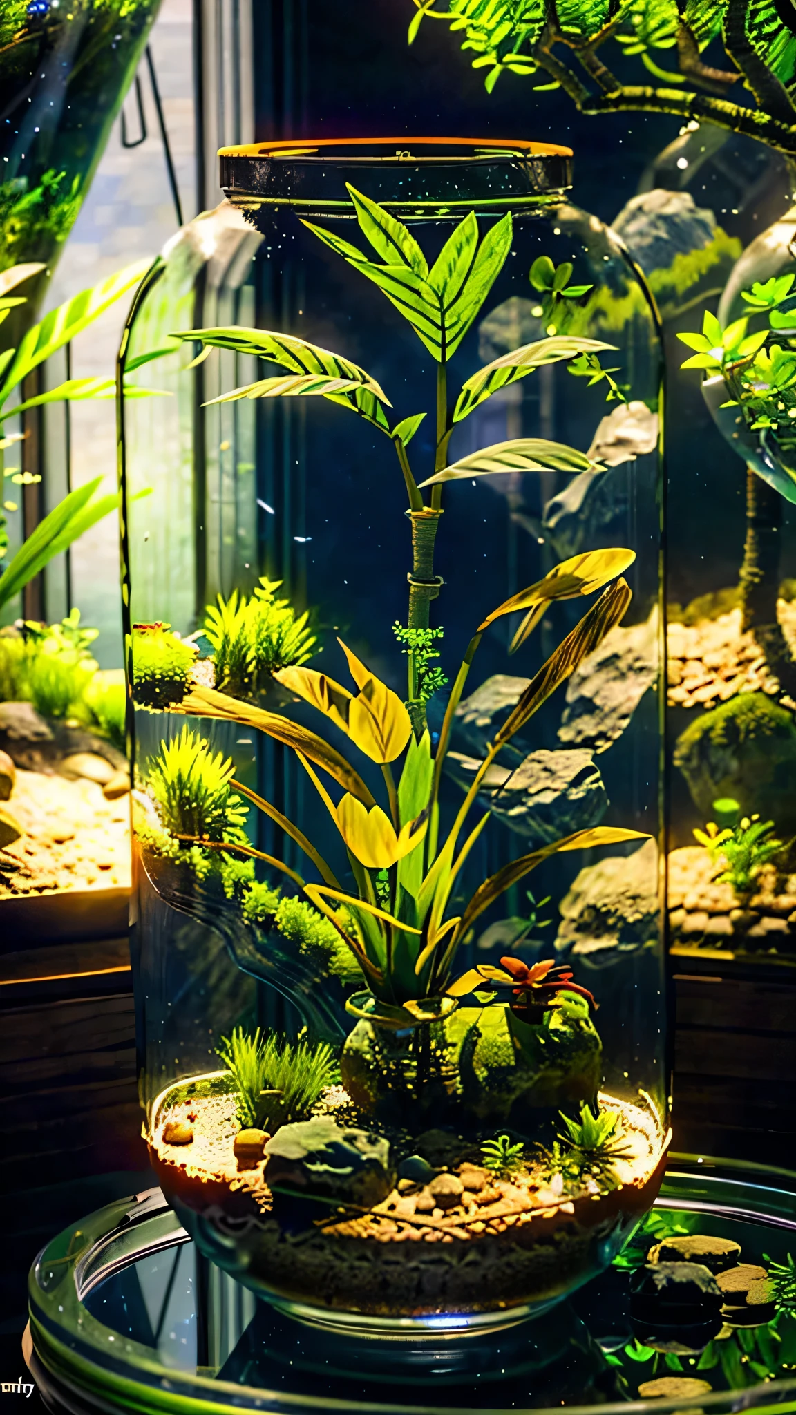 「1Encased in two glass domes、A beautiful and delicate terrarium。Mr.々Various kinds of green plants are harmoniously arranged、Small stones and tree branches are scattered around。Warm natural light pours in、It creates a fantastic atmosphere, as if a small world is spreading inside the terrarium.。Realistic and detailed texture and color、Generate a CG rendered terrarium wallpaper。」
