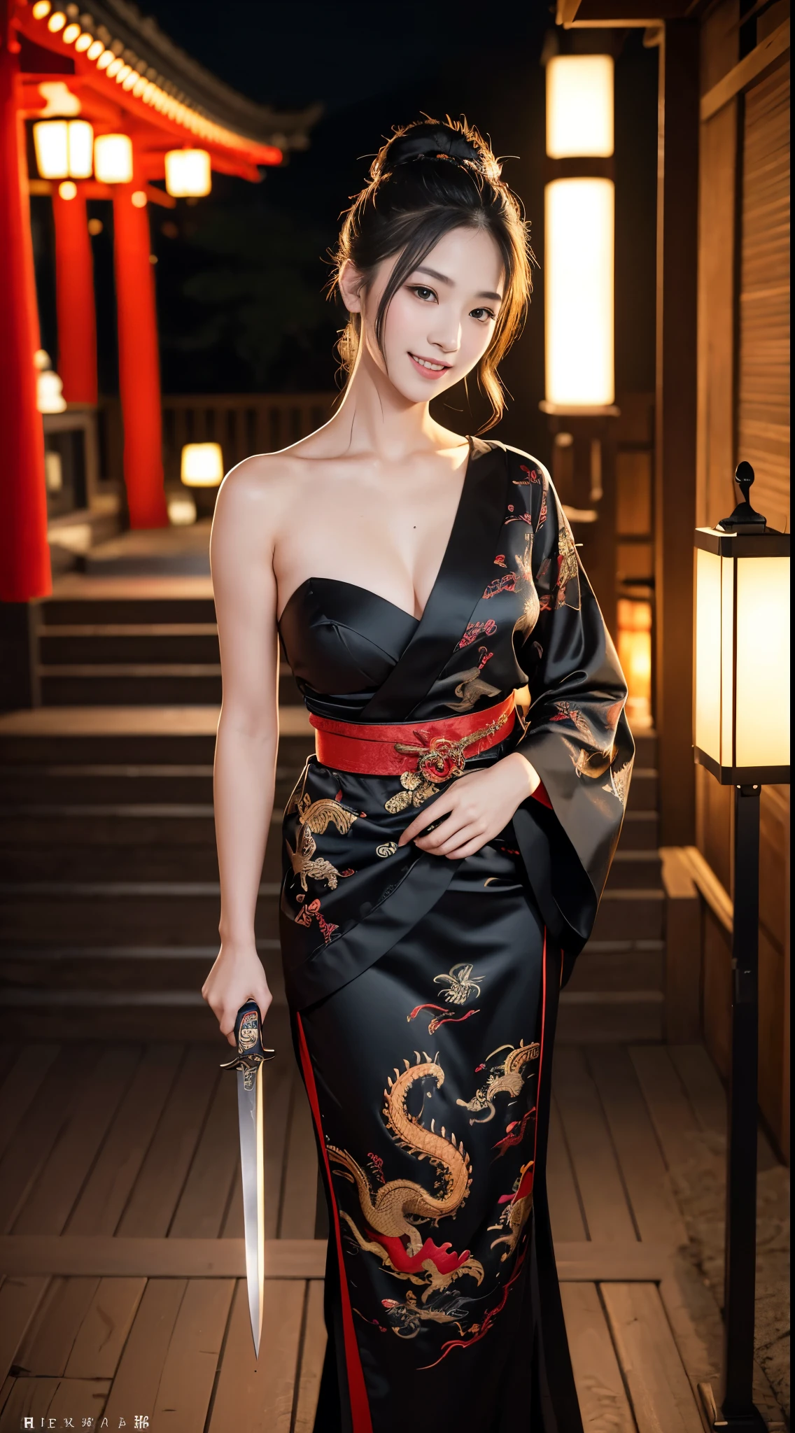 8K Ultra HD, Digital SLR,Film Grain, Fujifilm XT3,(highest quality:1.3), (masterpiece:1.1), High resolution, Cinematic Light, Intricate details, (Realistic) (Night view) Realistic backlight、Dramatic reddish light、Beautiful Japanese Geisha full body photo, ((Facial texture Pore details)), Grin、Devilish smile, Simple messy hairstyle, She wears a black satin kimono decorated with traditional dragon motifs.., Open shoulders, Colorful dragon tattoos all over the body, Has a long blade, Long-bladed Japan sword in hand,Inside a traditional villa, 8k, Front blur