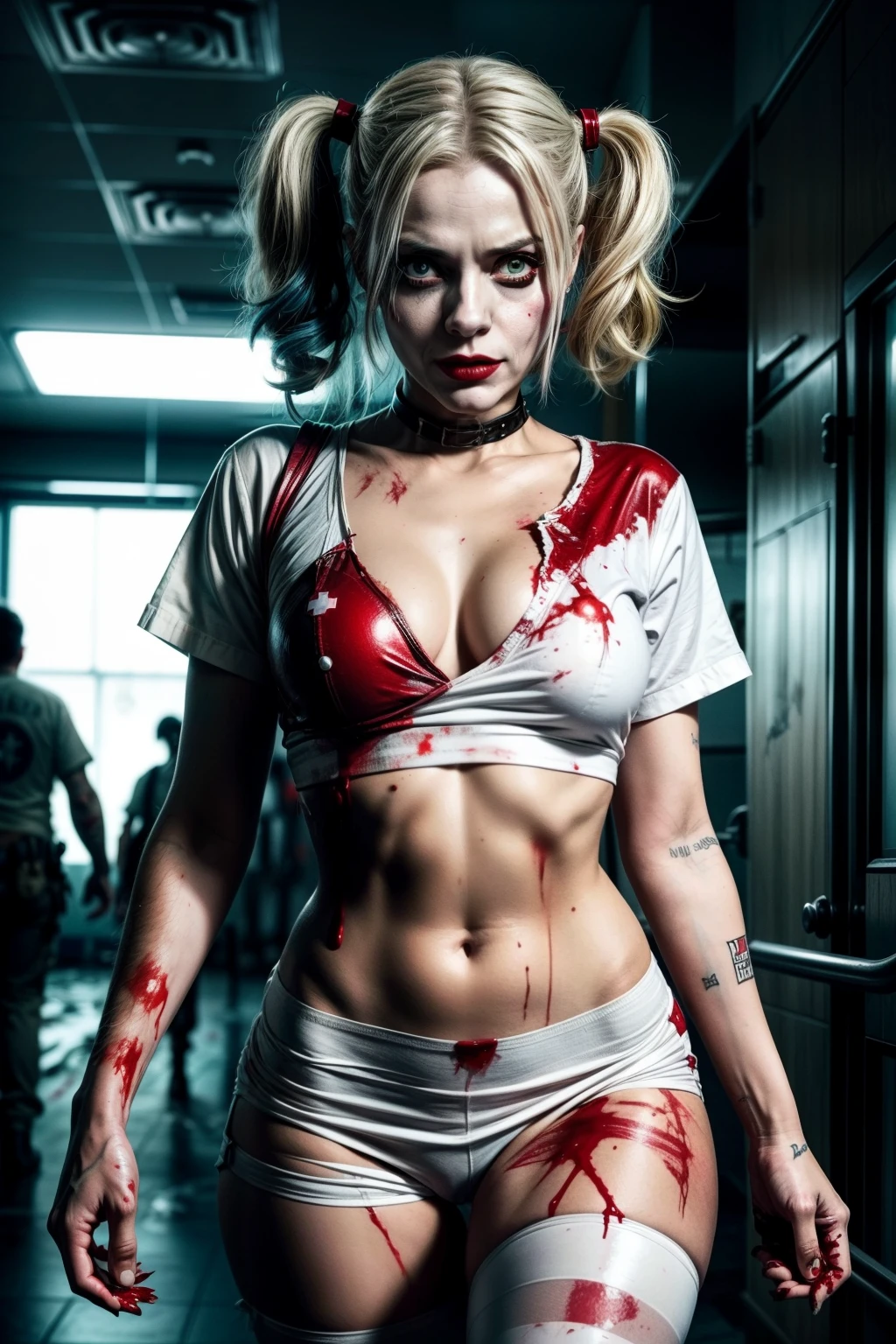 "Harley Quinn character from the film Zombie classic Nurse Suicide Squad" (classic nurse outfit in white in a hospital, lots of blood in the place full of blood)