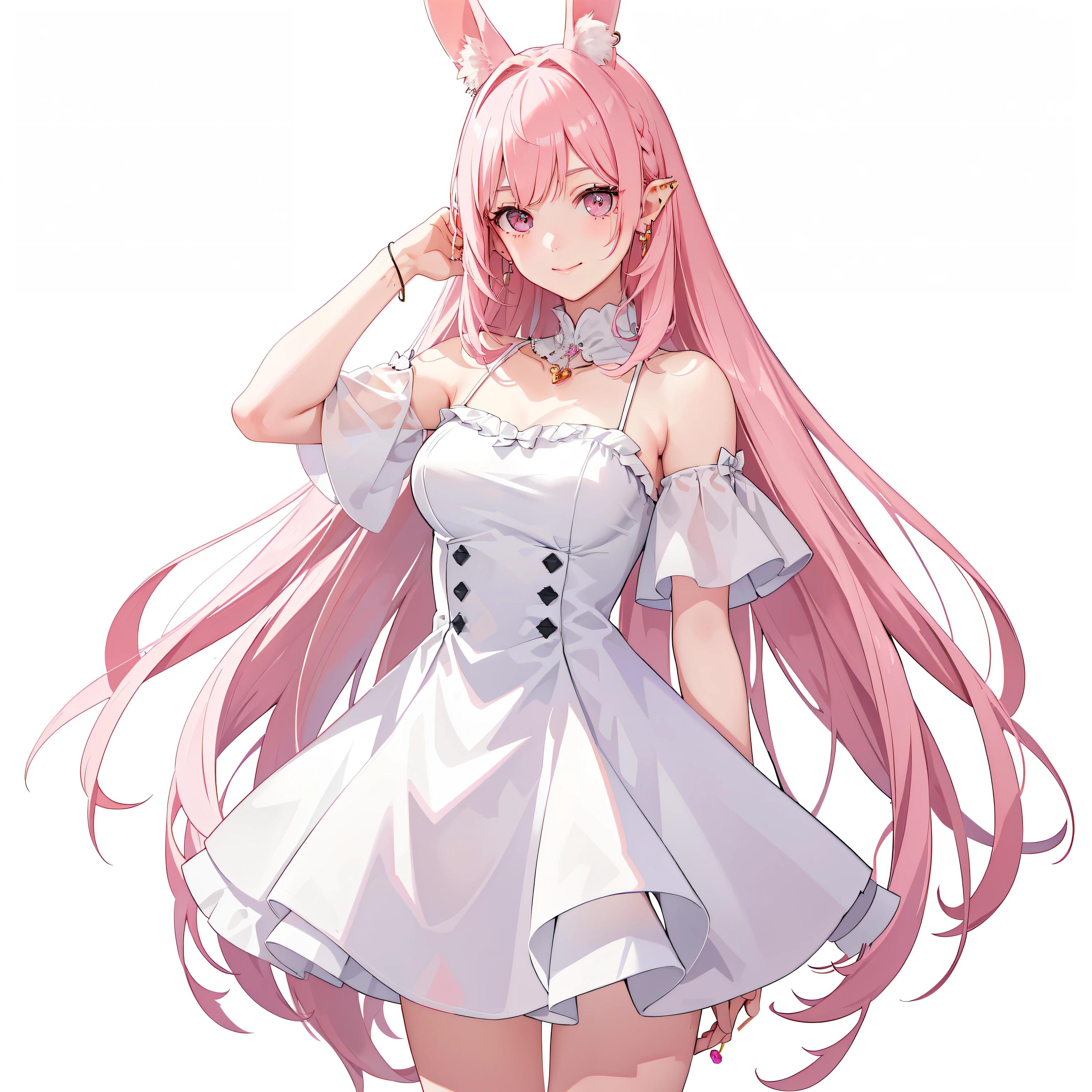 1 Girl、a smile、Delightful! Wearing rabbit ears,Lop-eared rabbit,(masterpiece, best quality, 1 Girl, Solitary, Fine details, Chromatic Aberration), realistically, ((Moderate breathing)), Short and delicate hair, Pink Hair, Pink Highlight, hair above one eye, black eyes, ear nipple ring, Sharp eyes,Necklace,White clothing,White Dress,skirt(Symmetrical eyes),(Perfectly symmetrical body),front,Huge ,Upper part of the body,Do not cover your head,Fair skin,Good looking girl,Modeling the face,Real People,Realistic Effects