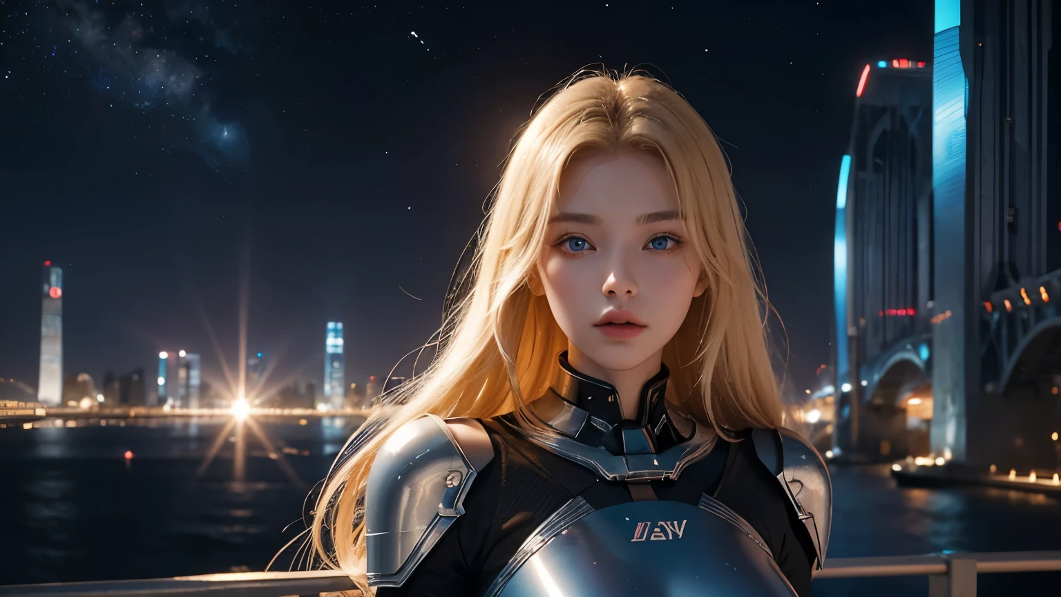 A beautiful woman. Twenty years old. Blonde hair and blue eyes. Beautiful double eyes. The bridge of my nose. Well-shaped lips. In the space behind her, an underground city lined with tall, futuristic buildings spreads out. The sky is dyed red by artificial sunlight.