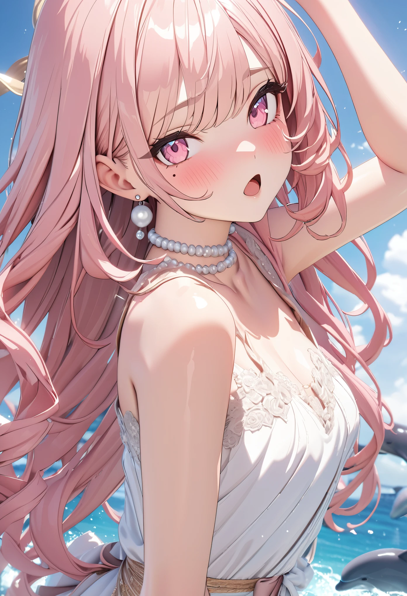 masterpiece, best quality, highly detailed, high resolution, expensive resolution, high resolution, 4k, 8k, Unity 8k wallpaper, highly detailed CG, masterpiece, 2d, 3d, beautiful details, depth, fine texture, best quality: 1.3, perfect focus, crispy skin, him, very cute anime girl, girl with pearl necklace and pearl earrings, idol. Background is ocean with dolphins jumping, scallops dancing, palm trees, expensive, pink medium long hair, mole under eye, looking at the viewer, expensive, blush, mole, open lips, , heart, pink eyes, choker