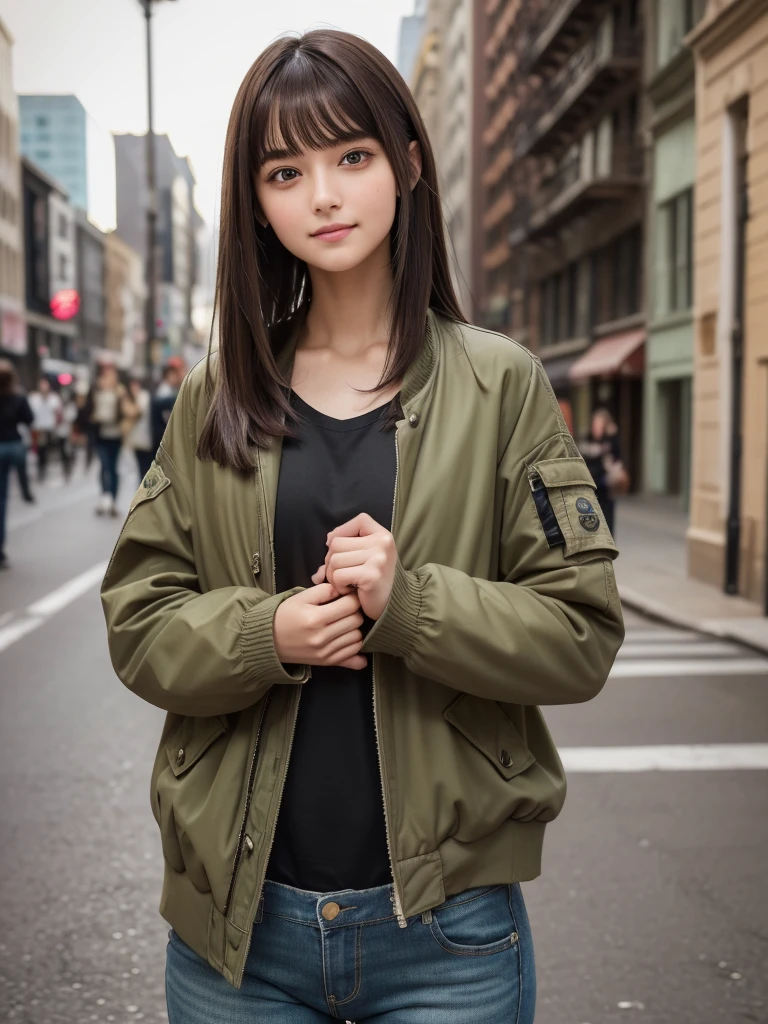 (8k, RAW Photos, highest quality, masterpiece:1.2), (Realistic, photo-Realistic:1.4), (Highly detailed 8k wallpaper), ((Full Body Shot)), (1 girl), Sharp focus, Depth of written boundary, Cinematic lighting, Soft Light, 緻密な美しさのeye, eye_Chan, Very beautiful 17 year old girl, innocent big eyes, Realistic, photo Realistic, Highly detailed cute girl, (Thin thighs), (Model Body Type), 18-year-old, ((Khaki flight jacket)), (Black T-shirt), (Distressed vintage long denim pants), (((Fold your arms in front of your chest and act arrogantly))), ((A happy smile)), Parted lips, Watching the audience, (On the streets of New York) , (Brown Hair),（Long Bob Hair), (Asymmetrical bangs)