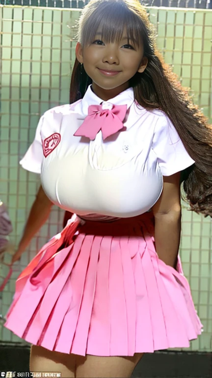 Super huge breasts, ditail lips, pink lips, long hair, cleavage of breasts, beautiful asian girl, gal, shining skin, brown hair, dark skin, tanned skin, brown skin, gigantic breasts, JK , hi-school girl, school student uniform, chest bulge, 1 girl, heavy makeup, glowy skin, smile, (big breasts:1.5), lipstick, thick lips