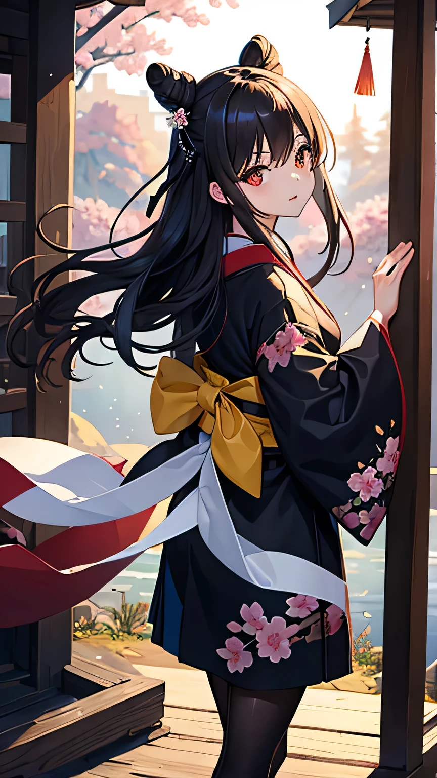 ((masterpiece,highest quality)),Two Girls, black kimono, Black legwear, black ribbon, Black Hair, cherry blossoms, Day, flower, Hair Bun, hair ribbon, kimono, kimono, Long Hair, View Viewer, Recall , Multiple Girls, belt, Outdoor, Red eyes, Redhead, ribbon, Sandals, Good single, stage, Are standing, picture, torii, wood, white kimono, Yellow Eyes