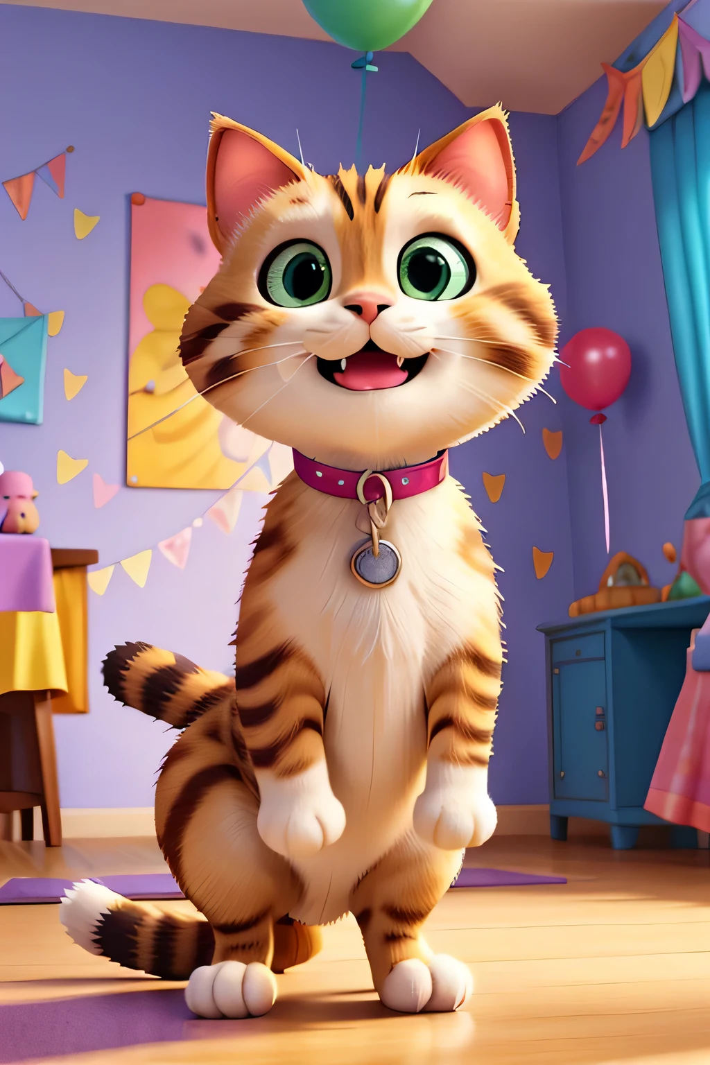 A cheerful cat in Pixar style, excitedly preparing for its birthday, with large, expressive eyes and a joyful smile. The background is a brightly decorated room with colorful balloons, streamers, and a big cake on a table. Vibrant, playful lighting fills the room. Created Using: 3D animation rendering, bright and saturated colors, rounded character design, dynamic lighting, whimsical decorations, detailed textures, hd quality, natural look