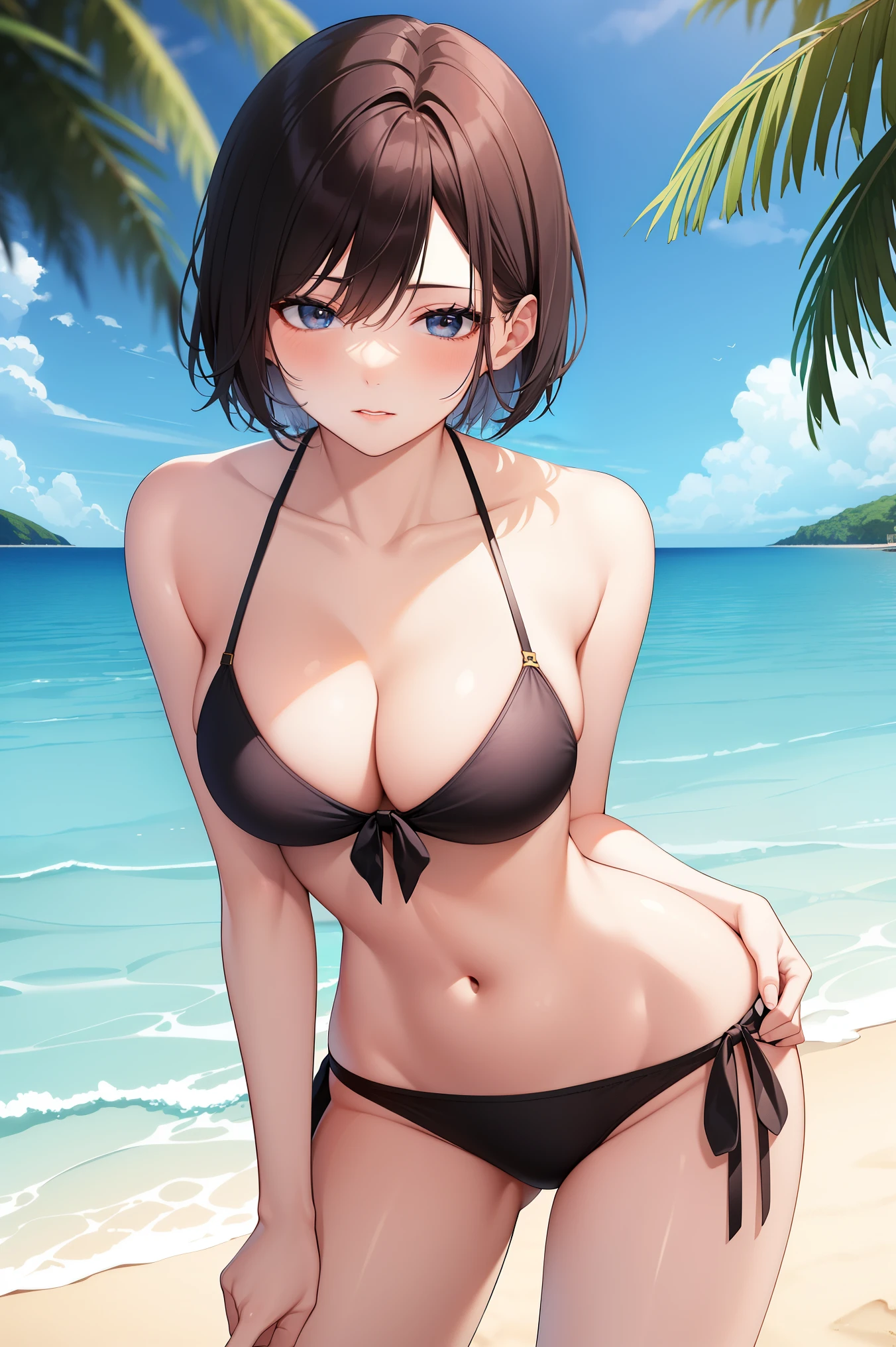 （Photo of a Beautiful Korean kpop idol Woman, Summer, Lustful , narrow hips, medium breast, manhwa girl, bikini , short hair, beach, sexy pose 