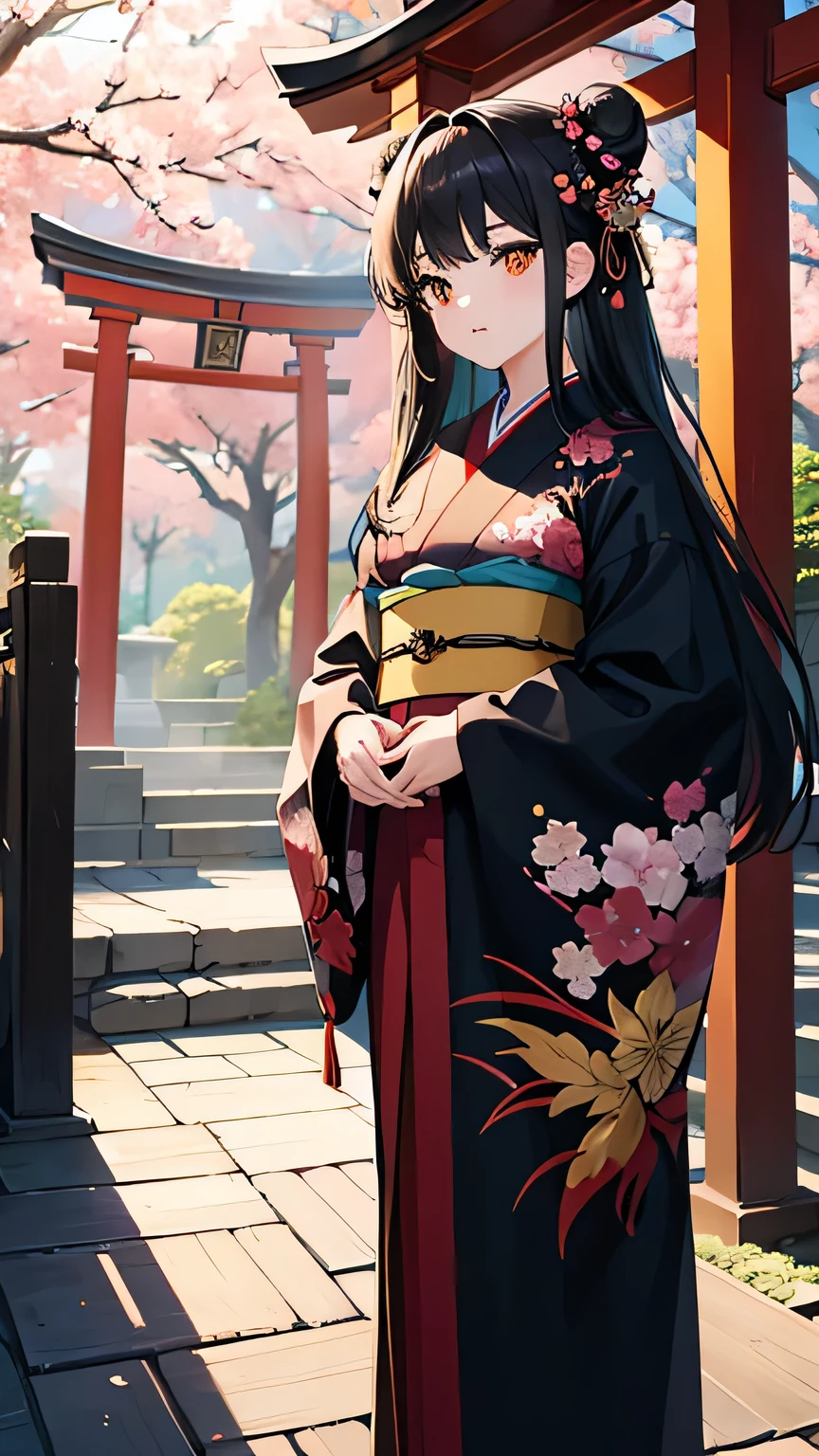 ((masterpiece,highest quality)),Two Girls, black kimono, Black legwear, black ribbon, Black Hair, cherry blossoms, Day, flower, Hair Bun, hair ribbon, kimono, kimono, Long Hair, View Viewer, Recall , Multiple Girls, belt, Outdoor, Red eyes, Redhead, ribbon, Sandals, Good single, stage, Are standing, picture, torii, wood, white kimono, Yellow Eyes