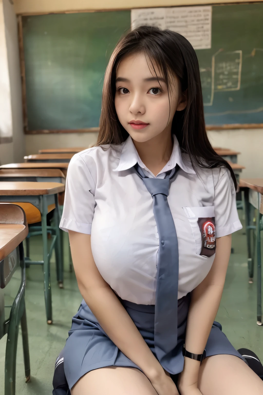 RAW, Best quality, high resolution, masterpiece: 1.3), Beautiful young java woman, seductive pose, sitting, open legs showing vagina, sensual body, big breasts, naked, porn, on a top of table of class room, night, ((senior high school clothes)), orgasm, highres, 4k, HDR, 1girl, photorealistic, realistic, big breasts, ((whole body)) turning away facial at viewer, closeup, class-room, misty,