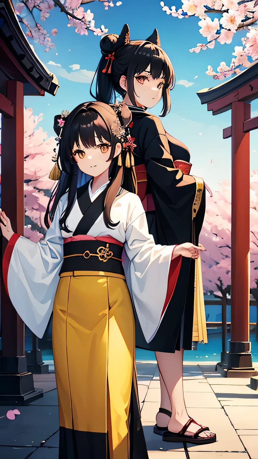 ((masterpiece,highest quality)),Two Girls, black kimono, Black legwear, black ribbon, Black Hair, cherry blossoms, Day, flower, Hair Bun, hair ribbon, kimono, kimono, Long Hair, View Viewer, Recall , Multiple Girls, belt, Outdoor, Red eyes, Redhead, ribbon, Sandals, Good single, stage, Are standing, picture, torii, wood, white kimono, Yellow Eyes