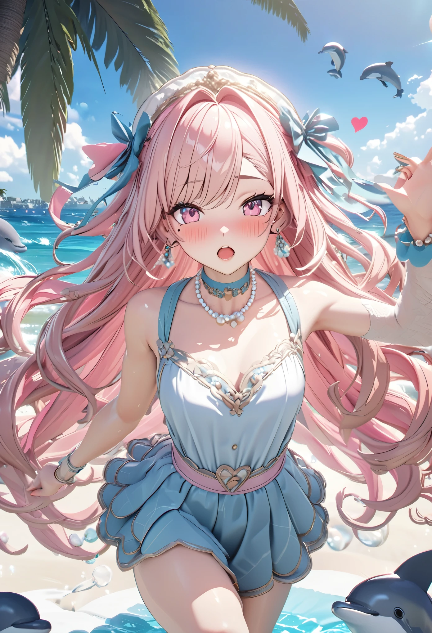 masterpiece, best quality, highly detailed, high resolution, expensive resolution, high resolution, 4k, 8k, Unity 8k wallpaper, highly detailed CG, masterpiece, 2d, 3d, beautiful details, depth, fine texture, best quality: 1.3, perfect focus, crispy skin, him, very cute anime girl, girl with pearl necklace and pearl earrings, idol. Background is ocean with dolphins jumping, scallops dancing, palm trees, expensive, pink medium long hair, mole under eye, looking at the viewer, expensive, blush, mole, open lips, , heart, pink eyes, choker