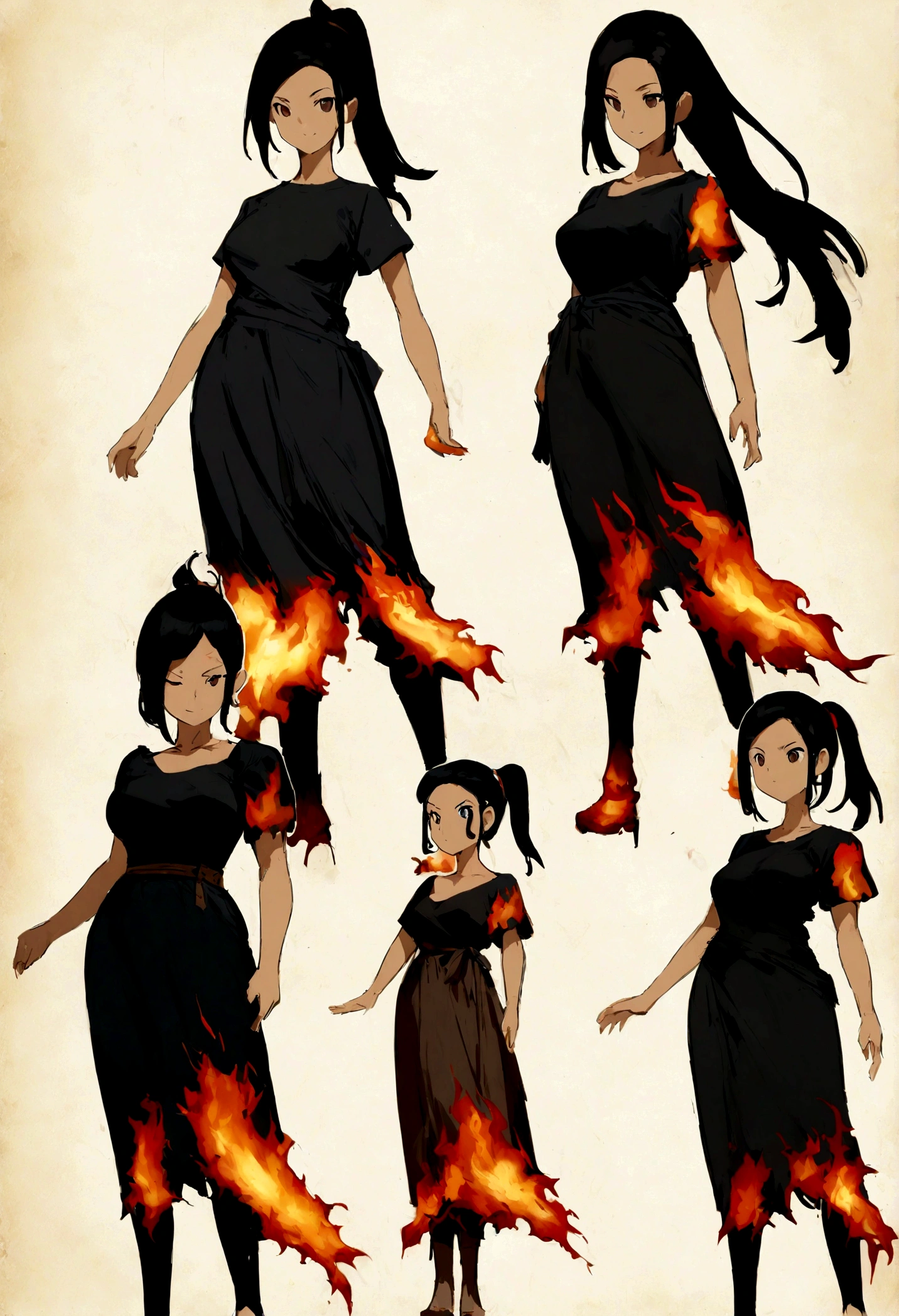 Girl's sloppy appearance, dark hair in a ponytail, mixed race, fire, Black T-shirt, inflammation, elegant, Digital Painting, Concept Art, Sharp focus, figure