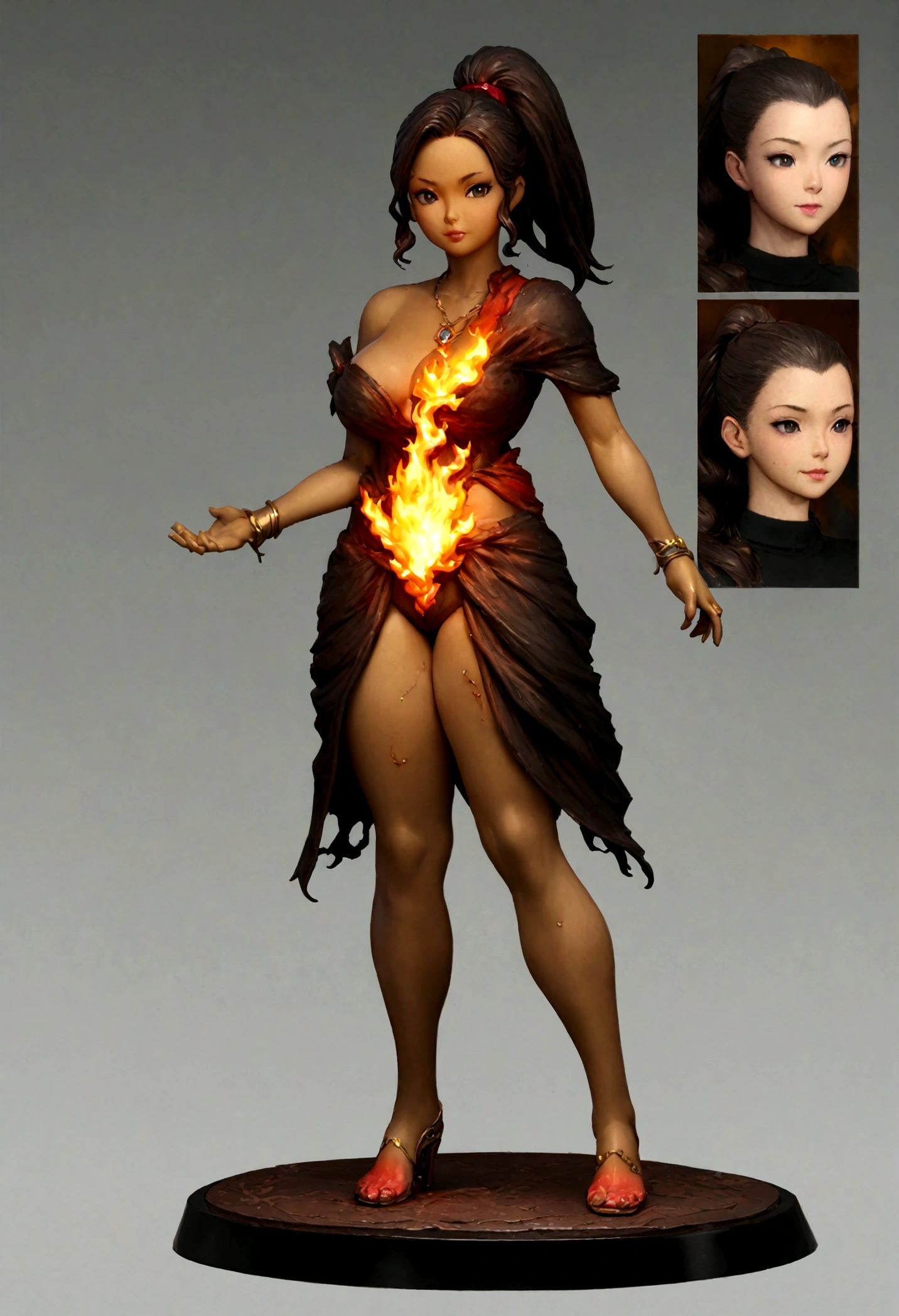 Girl&#39;s sloppy appearance, dark hair in a ponytail, mixed race, fire, Black T-shirt, inflammation, elegant, Digital Painting, Concept Art, Sharp focus, figure  