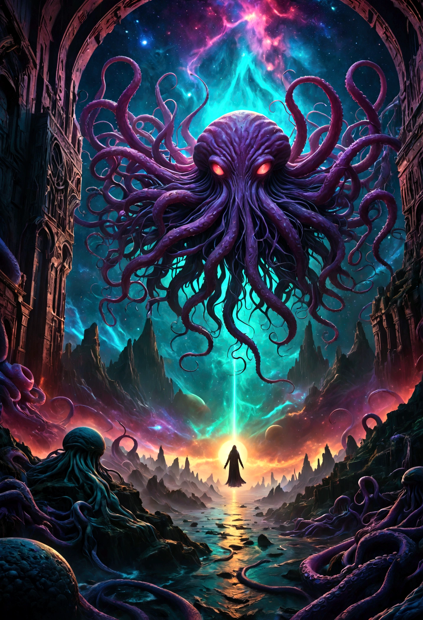 a cosmic horror landscape, dark eldritch abomination, tentacles reaching out from the void, cosmic scale, ancient alien entity, surreal otherworldly atmosphere, glowing energy tendrils, visceral organic textures, alien architecture, chiaroscuro lighting, deep saturated colors, cinematic dramatic composition, masterpiece, (best quality,8k,highres,ultra-detailed,realistic,photorealistic:1.4),(cinematic,dramatic,dark,grim:1.2),eldritch,cosmic horror,lovecraftian,surreal