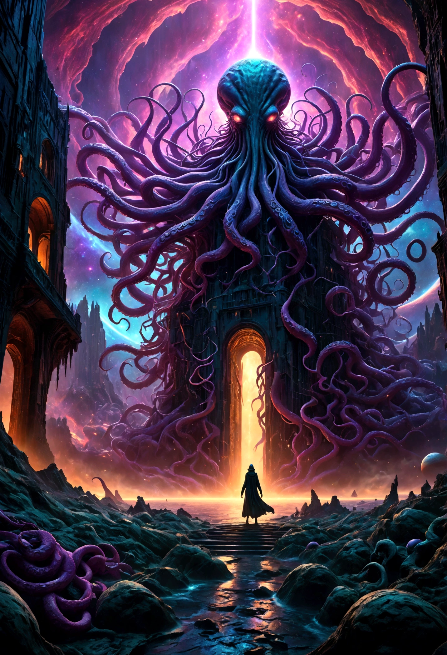 a cosmic horror landscape, dark eldritch abomination, tentacles reaching out from the void, cosmic scale, ancient alien entity, surreal otherworldly atmosphere, glowing energy tendrils, visceral organic textures, alien architecture, chiaroscuro lighting, deep saturated colors, cinematic dramatic composition, masterpiece, (best quality,8k,highres,ultra-detailed,realistic,photorealistic:1.4),(cinematic,dramatic,dark,grim:1.2),eldritch,cosmic horror,lovecraftian,surreal