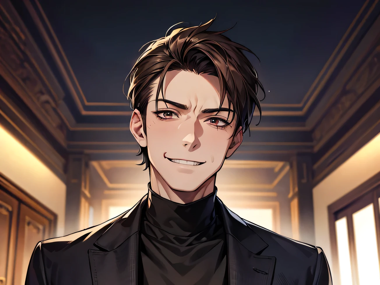 (Dark Room)、Moon night,Dynamic Angle,masterpiece,Face close-up,Angle from below,male,Muscular, 45 years old,(male1 person)、Old man,A slightly aged face,alone,Adult,Rin々Funny face,Sharp Eye,Evil smile brown hair,all back,Kakiage,Black Suit,Black turtleneck,No ribbon,sweating,,smile,An inappropriate smile,Background mansion room,night,