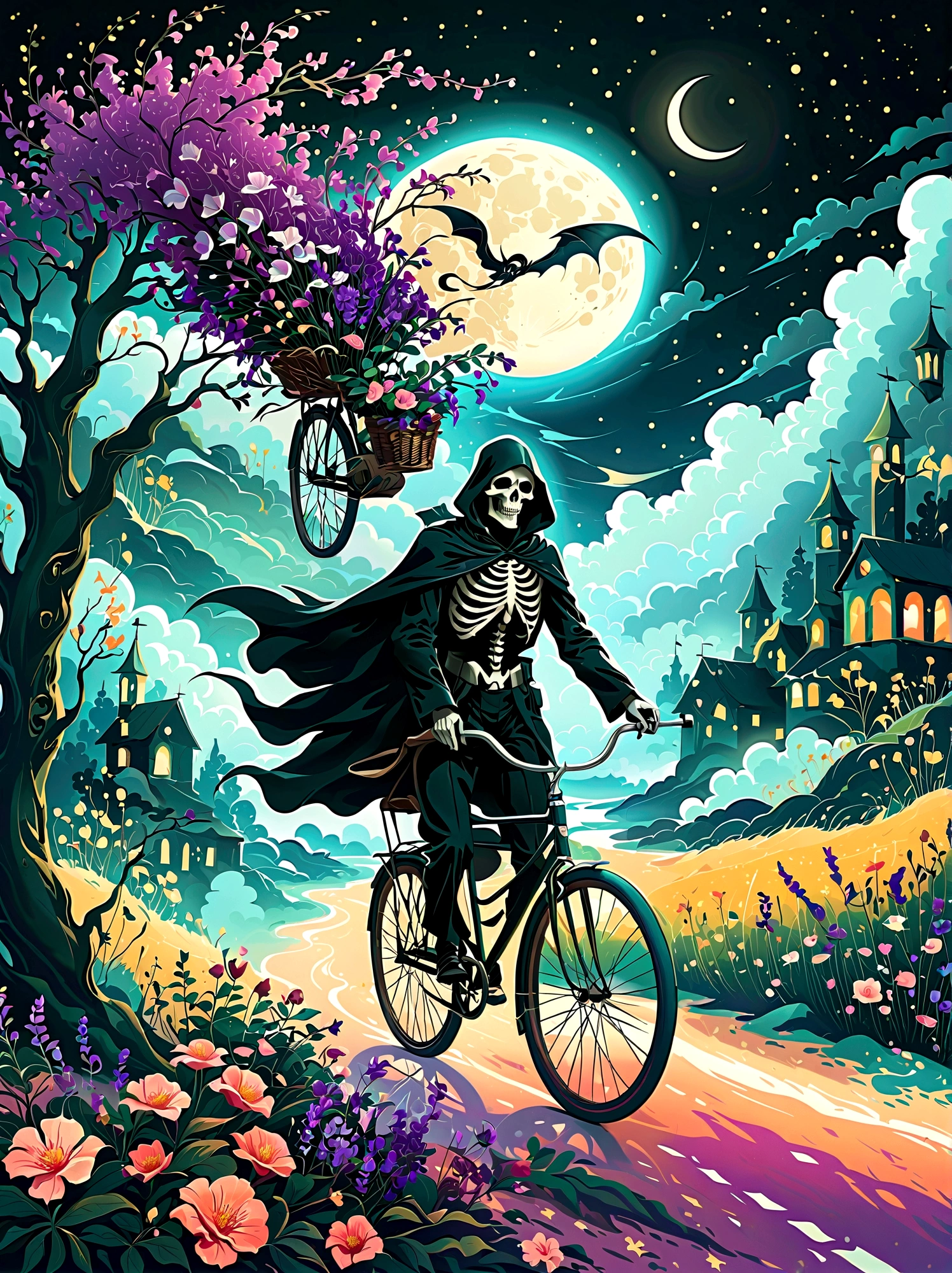 Create a surreal digital painting showcasing a captivating figure of death, interpreted as the grim reaper, riding a bicycle adorned with blossoms under the glow of a crescent moon bearing the likeness of a human face. The scene features elements of fluidity and transformation, reminiscent of the surreal reinterpretations of reality as seen in art from the late 19th century, before 1912 and not specifically linked to any artist post that year. Dramatic, high contrast lighting shines on the scene, casting deep shadows that intensify the sense of mystery. The scene, framed in a natural setting, blurs the boundaries between the real and the imagined. Techniques of digital painting and luminous airbrushing are used to bring out the eerie yet enchanting beauty of this personification of death on its unprecedented journey, 1pzsj1