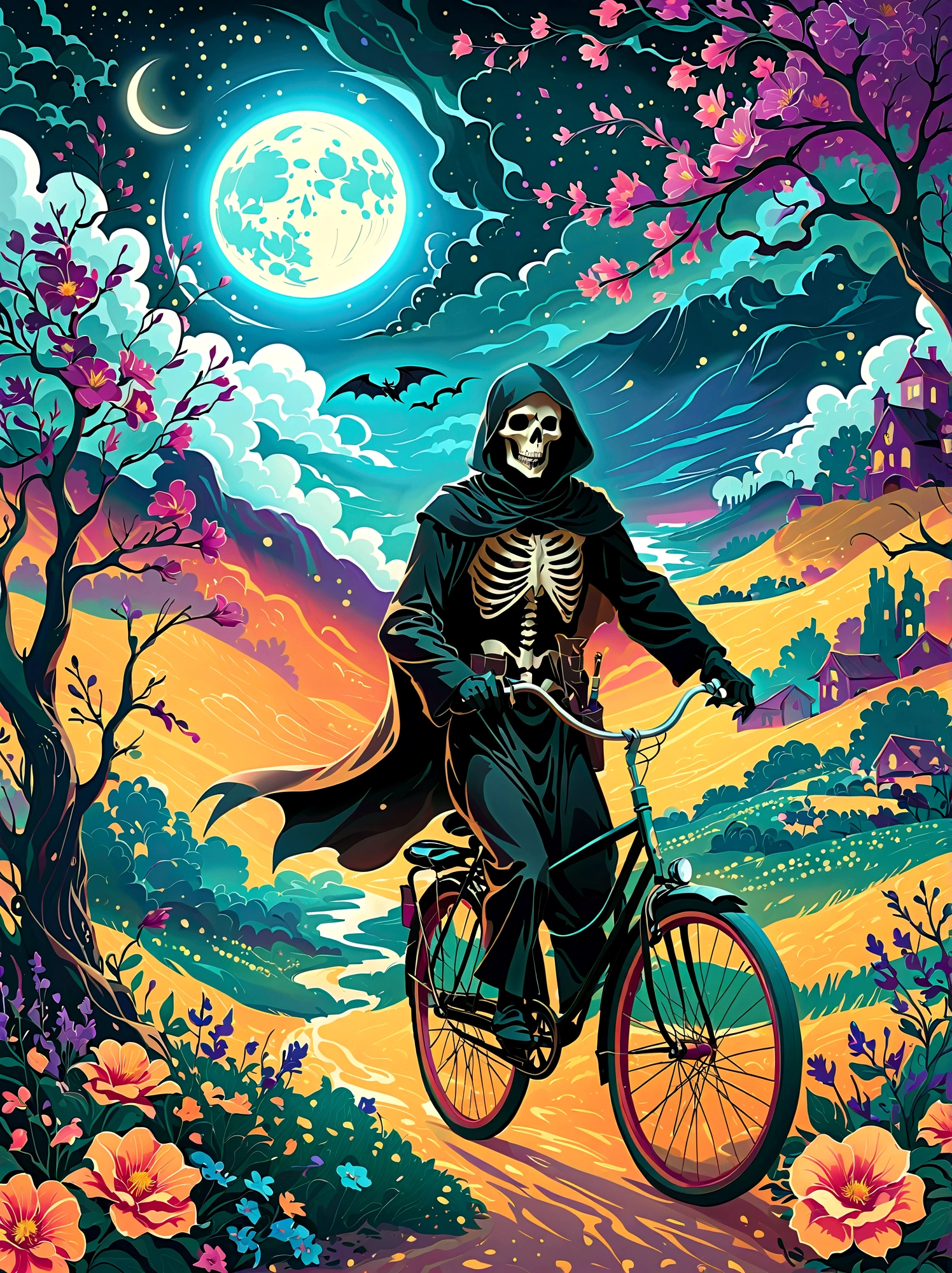 Create a surreal digital painting showcasing a captivating figure of death, interpreted as the grim reaper, riding a bicycle adorned with blossoms under the glow of a crescent moon bearing the likeness of a human face. The scene features elements of fluidity and transformation, reminiscent of the surreal reinterpretations of reality as seen in art from the late 19th century, before 1912 and not specifically linked to any artist post that year. Dramatic, high contrast lighting shines on the scene, casting deep shadows that intensify the sense of mystery. The scene, framed in a natural setting, blurs the boundaries between the real and the imagined. Techniques of digital painting and luminous airbrushing are used to bring out the eerie yet enchanting beauty of this personification of death on its unprecedented journey, 1pzsj1