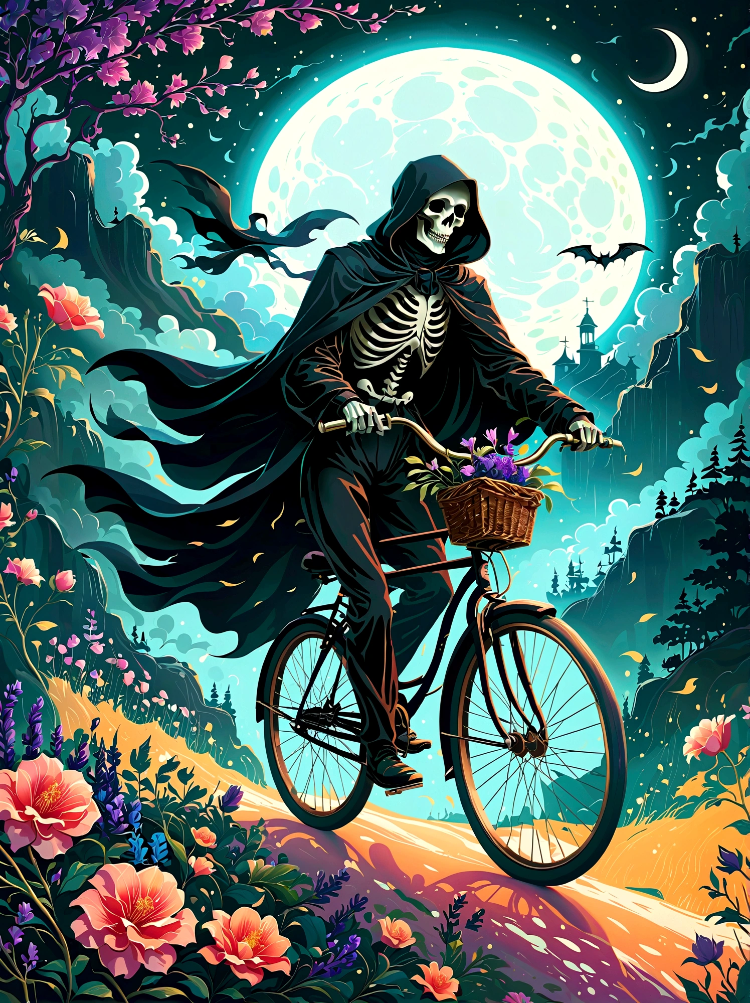 Create a surreal digital painting showcasing a captivating figure of death, interpreted as the grim reaper, riding a bicycle adorned with blossoms under the glow of a crescent moon bearing the likeness of a human face. The scene features elements of fluidity and transformation, reminiscent of the surreal reinterpretations of reality as seen in art from the late 19th century, before 1912 and not specifically linked to any artist post that year. Dramatic, high contrast lighting shines on the scene, casting deep shadows that intensify the sense of mystery. The scene, framed in a natural setting, blurs the boundaries between the real and the imagined. Techniques of digital painting and luminous airbrushing are used to bring out the eerie yet enchanting beauty of this personification of death on its unprecedented journey, 1pzsj1