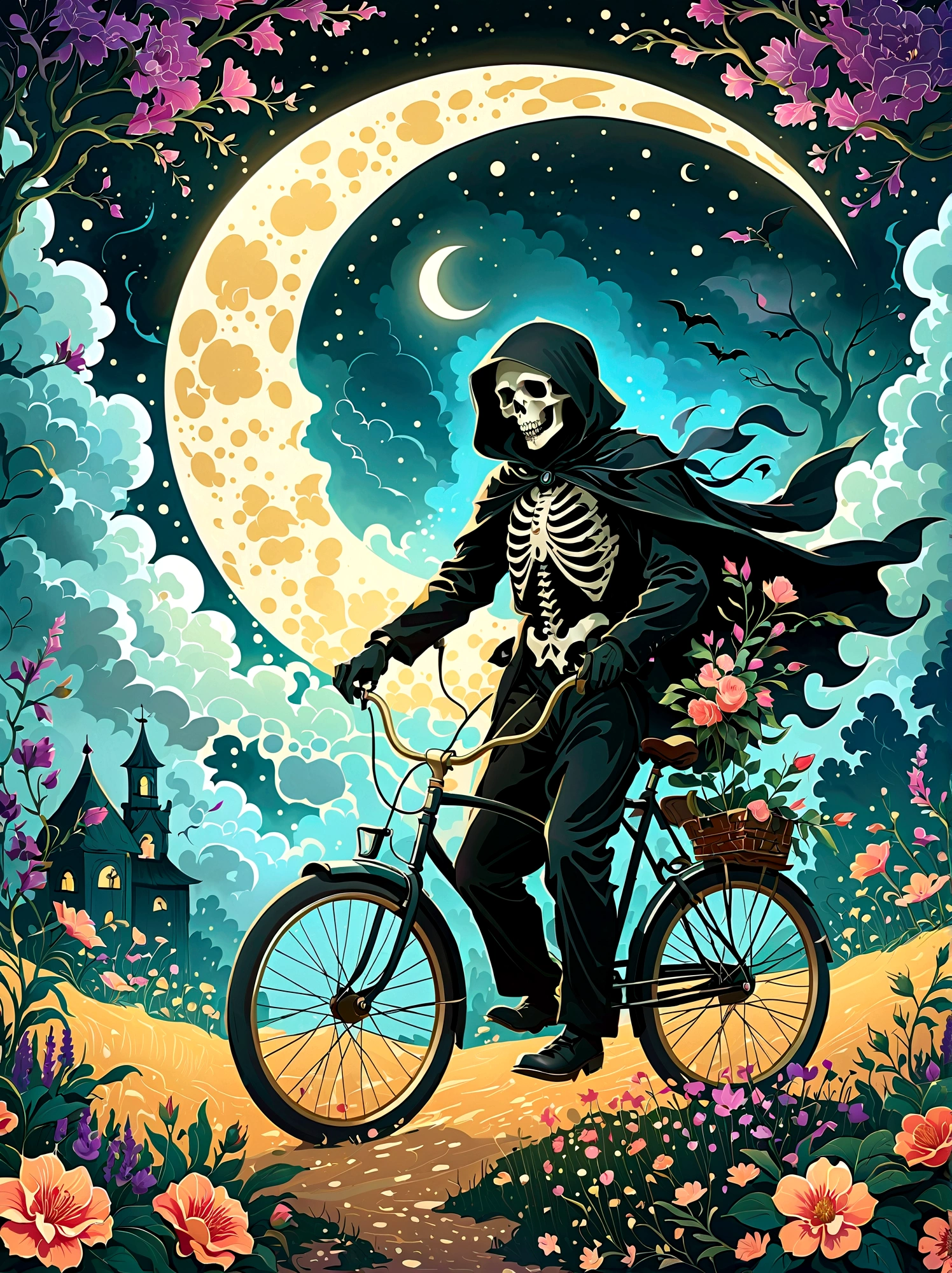 Create a surreal digital painting showcasing a captivating figure of death, interpreted as the grim reaper, riding a bicycle adorned with blossoms under the glow of a crescent moon bearing the likeness of a human face. The scene features elements of fluidity and transformation, reminiscent of the surreal reinterpretations of reality as seen in art from the late 19th century, before 1912 and not specifically linked to any artist post that year. Dramatic, high contrast lighting shines on the scene, casting deep shadows that intensify the sense of mystery. The scene, framed in a natural setting, blurs the boundaries between the real and the imagined. Techniques of digital painting and luminous airbrushing are used to bring out the eerie yet enchanting beauty of this personification of death on its unprecedented journey, 1pzsj1