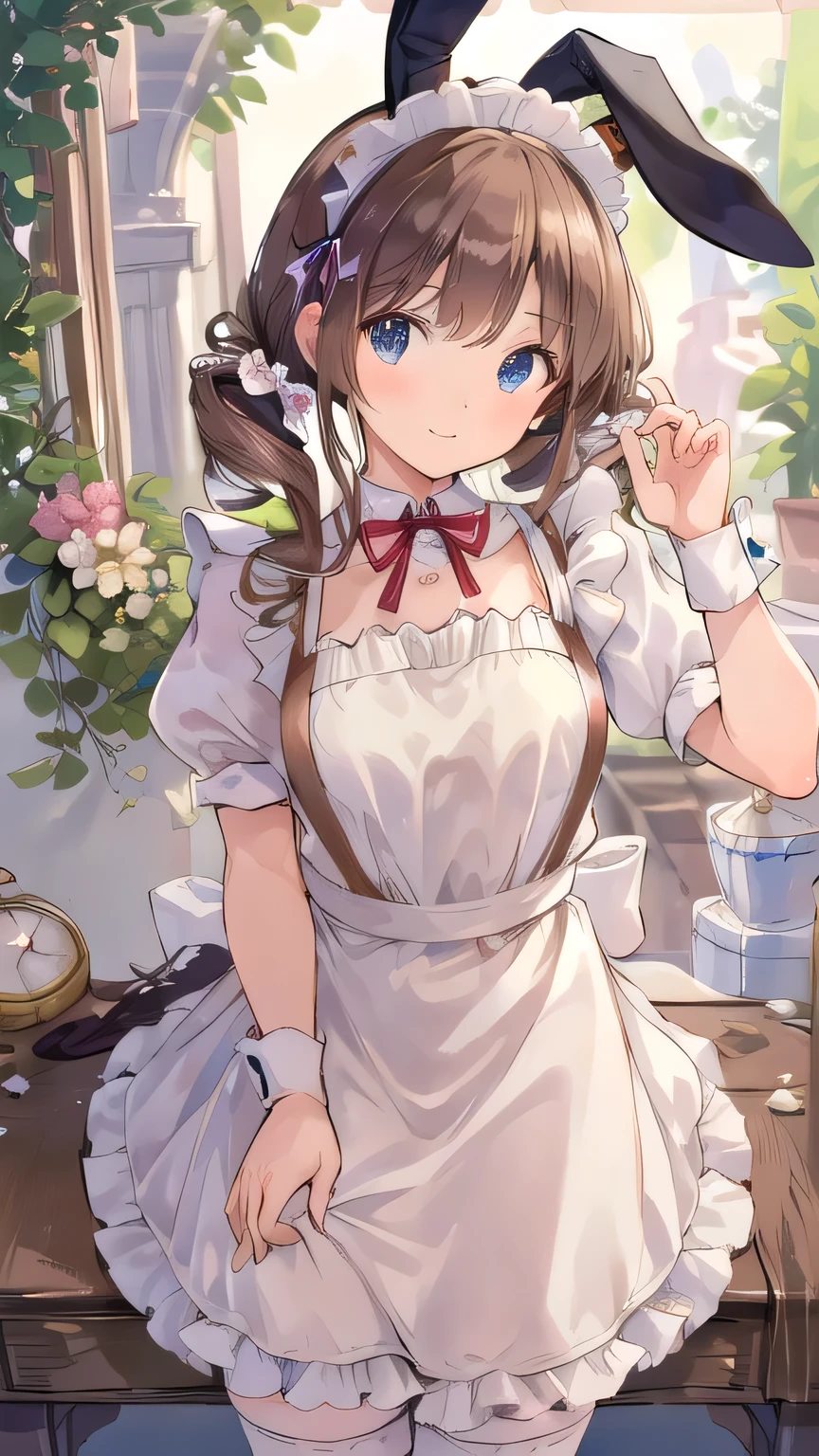 ((best quality)), ((masterpiece)), (detailed), perfect detailed eyes, perfect detailed face, ultra-detailed nose, brown hair, twin drills, hairband, rabbit ears, rabbit tail, blurry, reflection light, dutch angle, maid outfit, maid girl, frilly apron, Palace, mansion