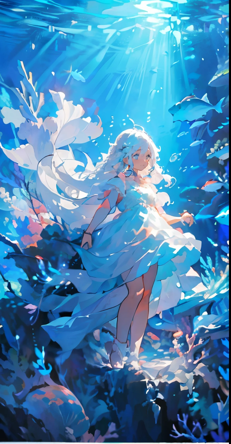 (Pieces fly), (highest quality), Very detailed, 1 girl, Perfect Face, (Solo full body shot:1.3), Very detailed顔,(Long white hair:1.5),(blue eyes:1.4),(Underwater:1.4),(White Dress:1.5),Ocean,Coral Reef,School of small fish,Light,bubble,jellyfish,Ocean藻,(深Ocean:1.4),Fantasy,Ocean底,float