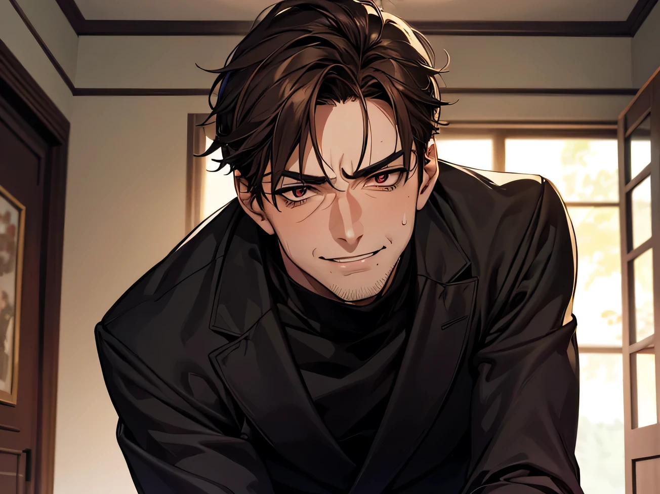 (Dark Room)、Moon night,Dynamic Angle,masterpiece,Face close-up,Angle from below,male,Muscular, 45 years old,(male1 person)、Old man,A slightly aged face,alone,Adult,Rin々Funny face,Sharp Eye,Evil smile brown hair,all back,Kakiage,Black Suit,Black turtleneck,No ribbon,sweating,,smile,An inappropriate smile,Background mansion room,night,