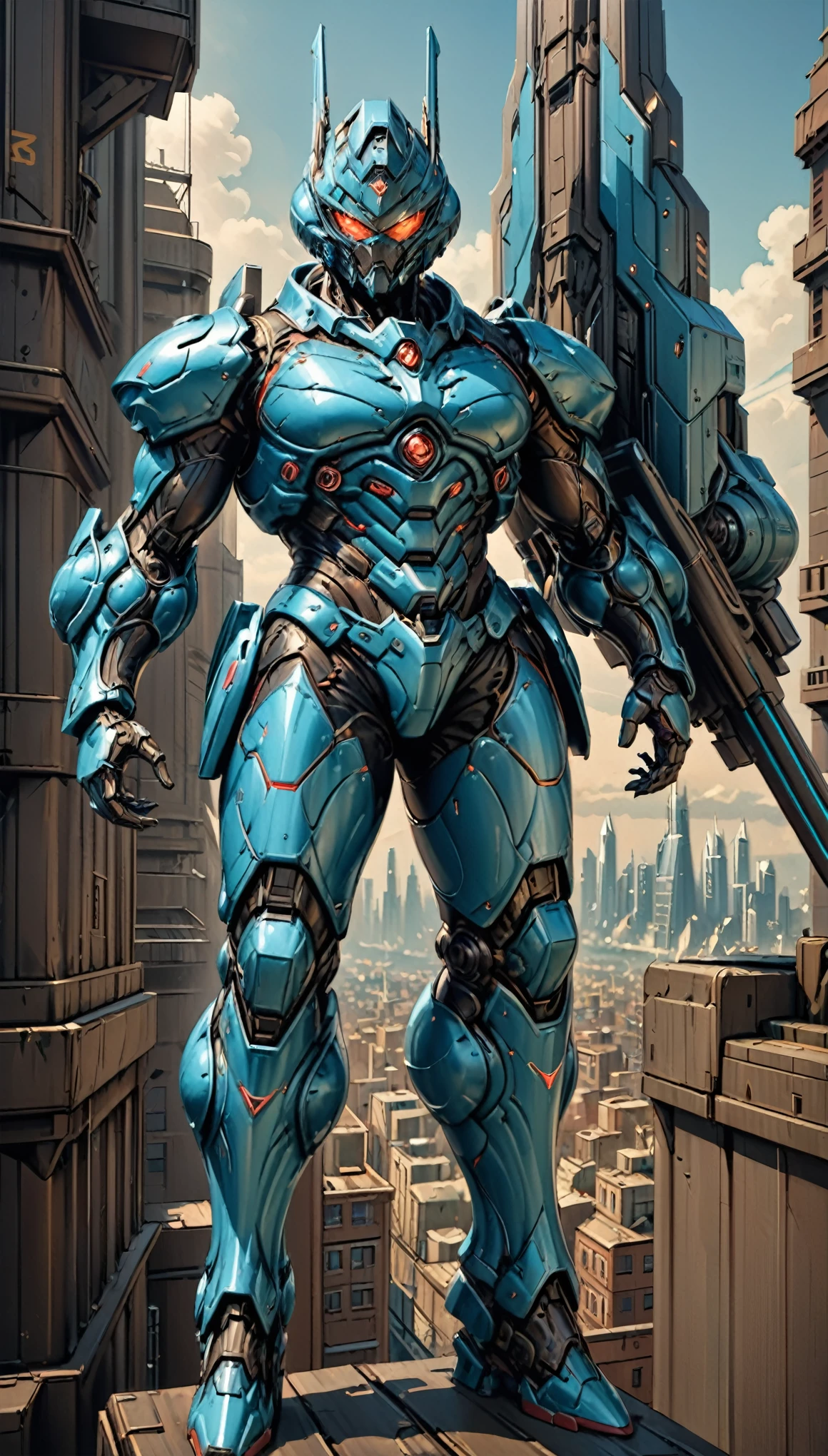 Humanoid Mecha, fully enclosed shoulder guards, matching arm and leg guards, full body, full armor, the design balances heavy with agility, (the color scheme is primarily white with red and blue accents, the concept Inspired by Super robot, organic biotech armor, standing, floating high above the futuristic sci-fi city), exquisite and mature art style, (aura effect, energy, glowing eyes, the armor glows), ((SRS)), metallic, dynamic, dramatic, high definition, best quality, highres, ultra-detailed, ultra-fine painting, extremely delicate, professional, perfect body proportions, anatomically correct, symmetrical face, extremely detailed eyes and face, high quality eyes, creativity, RAW photo, UHD, 32k, Natural light, cinematic lighting, masterpiece-anatomy-perfect, masterpiece:1.5