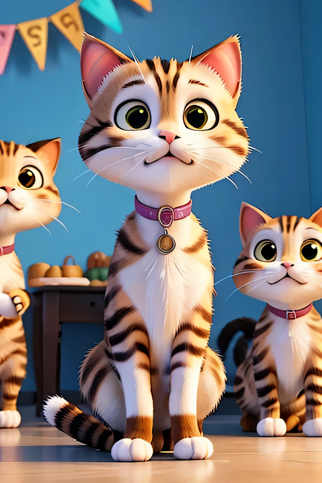 the cat is happily shocked by her friends at her birthday
