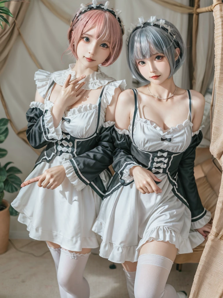 Accurate depiction with high resolution,(8K, Photorealistic, Raw photo, of the highest quality: 1.3), (1girl in), Super beautiful, (Realistic face), (boyish, pink Color Berry Shorthair), Beautiful , Glare that captivates the viewer, Beautiful expression, Beautiful breasts, (Realistic skin), Be...Create a detailed and colorful image of Ram and Rem from Re:Zero, standing back-to-back in their maid outfits, with a magical fantasy background、14years old, two girls,cute, perfect face, beautiful, nice body, gothic ta clothes, gothic loliashion, frilly skirt, headdress, necklace, bracelet, knee-high socks, boots, double eyelids, tear bags, Detailed down to the fingers, photo-like description, indoors, dim indoor lighting, one girl is pink hair and short bob, another girl is light blue hair and short bob,standing,whole body, composition that shows the whole body, smiling,The Both of them are wearing the same type of maid outfit,Optimal ratio of 4 fingers and 1 thumb,walking