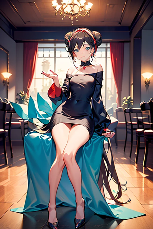 (((Masterpiece))),(((Super Detail))),(((in 8K))),(((best composition))),(((Rim lighting,Fireglow effect,deep shadow))),solo,(Hatsune Miku:1.0),Beautiful fingers,Detailed finger features,(Detailed hair features:1.7),(Dynamic and sexy bending pose:1.3),detailed facial features,detailed clothes features, (perky chest:1.1), (pointed chest:1.3), delicate beautiful face, Bright blue eyes, cute eyes, sparkling eyes, Big eyes, beautiful detailed eyes,double bun with glittering hair ornament,(super detailed glossy skin:1.3),slender body,(small breasts:1.2), (perky chest:1.2),goddess smile,((with sparkling eyes and a contagious smile)),beautiful posture,have a cup of coffee,black hair, green eyes, dress, bare shoulders, jewelry, collarbone, sidelocks, hairband, earrings, indoors, off shoulder, sweater, arms behind back, plant, short hair with long locks, white hairband, off-shoulder dress, sweater dress, off-shoulder sweater, red sweater, big side hair, very long side hair,seductive cleavage:1.1,beautiful glossy legs,shiny red high heels,lifting dishes with cakesd,in a french restaurant,hustle and bustle,rising steam of a coffee,looking at viewer,