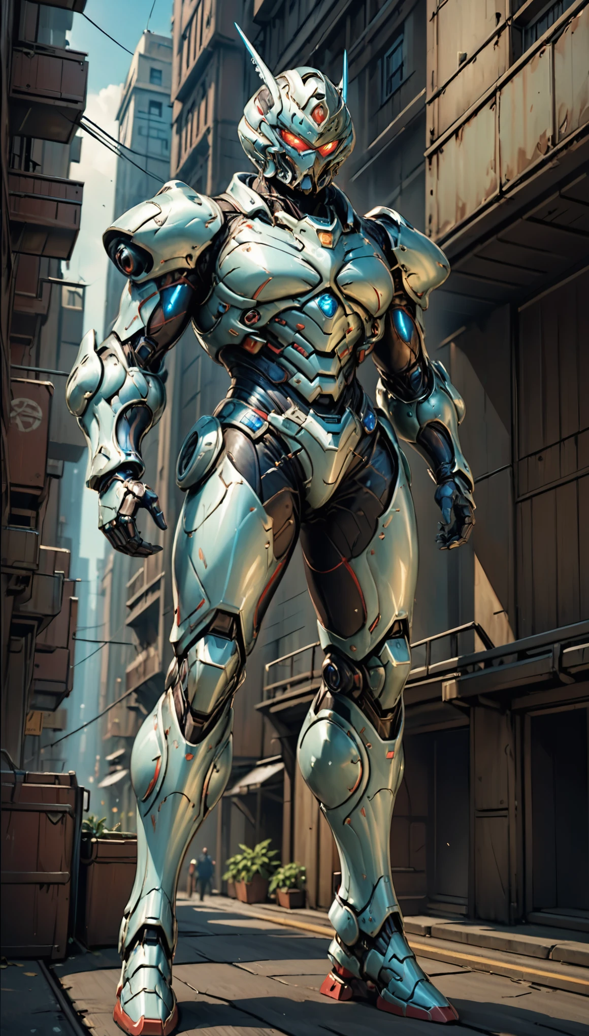 Humanoid Mecha, fully enclosed shoulder guards, matching arm and leg guards, full body, full armor, the design balances heavy with agility, (the color scheme is primarily white with red and blue accents, the concept Inspired by Super robot, organic biotech armor, standing, floating high above the futuristic sci-fi city), exquisite and mature art style, (aura effect, energy, glowing eyes, the armor glows), ((SRS)), metallic, dynamic, dramatic, high definition, best quality, highres, ultra-detailed, ultra-fine painting, extremely delicate, professional, perfect body proportions, anatomically correct, symmetrical face, extremely detailed eyes and face, high quality eyes, creativity, RAW photo, UHD, 32k, Natural light, cinematic lighting, masterpiece-anatomy-perfect, masterpiece:1.5