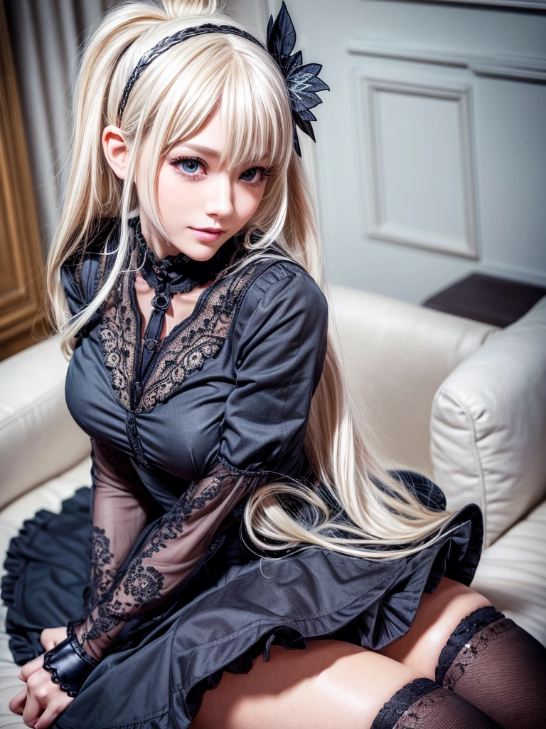 (8K, Photorealistic, Raw photo, of the highest quality: 1.3), (1girl in), Super beautiful, (Realistic face), (boyish, Silver Color Berry Shorthair), Beautiful , Glare that captivates the viewer, Beautiful expression, Beautiful , (Realistic skin), Be...Super high quality, super high definition, super detailed, masterpiece, 20years old, female, cute, perfect face, beautiful, nice body, gothic lolita s, gothic lolita fashiolly skirt, headdress, necklace, bracelet, knee-high socks, boots, double eyelids, tear bags, Detailed down to the fingers, photo-like description, indoors, dim indoor lighting, blonde hair, pony tail, standing, whole body, composition that shows the whole body, smiling