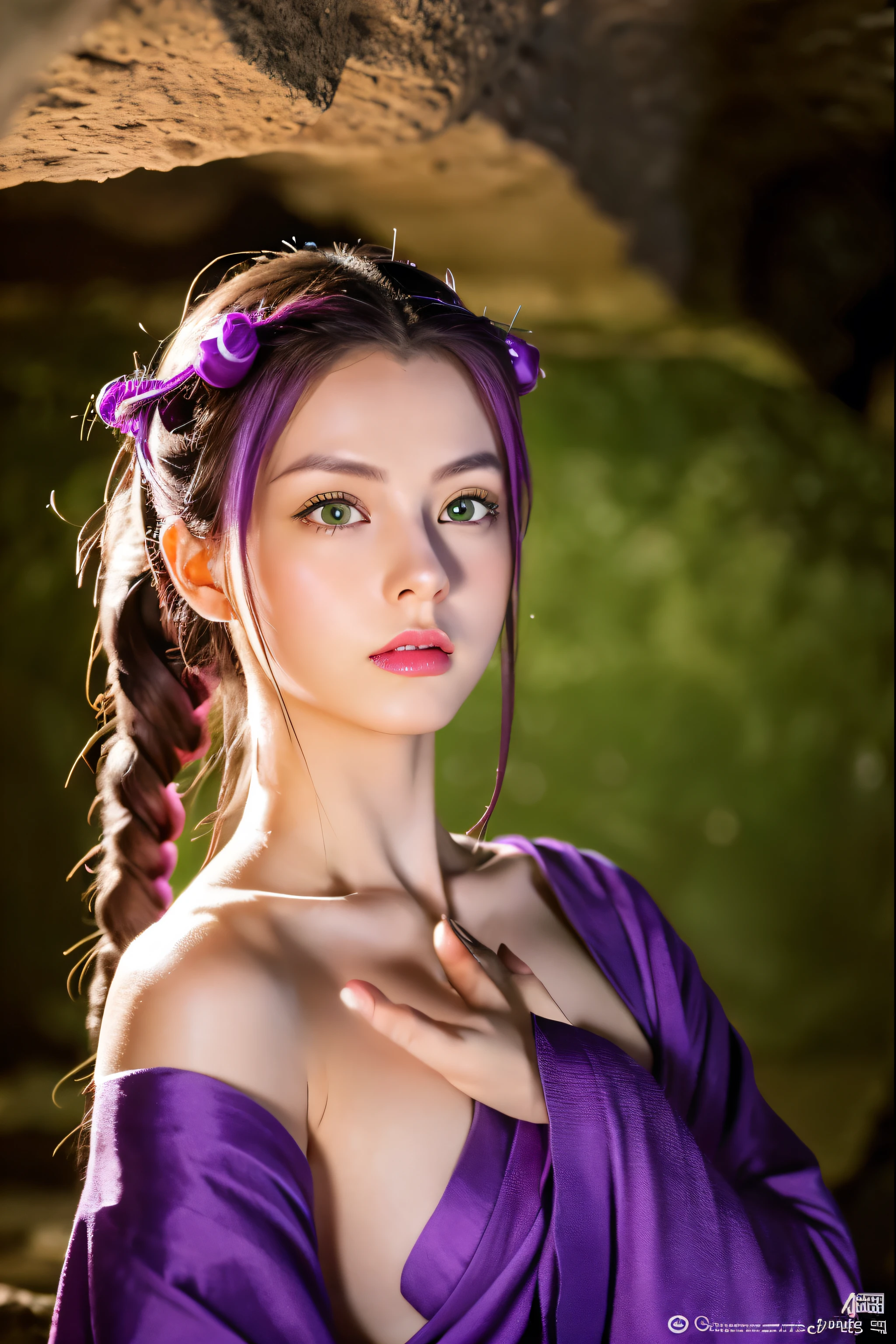 highest quality、masterpiece、超A high resolution、(Photorealistic:1.4)、A beautiful female ninja meditating in a shrine inside a cave、Purple Hair、Green Eyes、Bright red lips